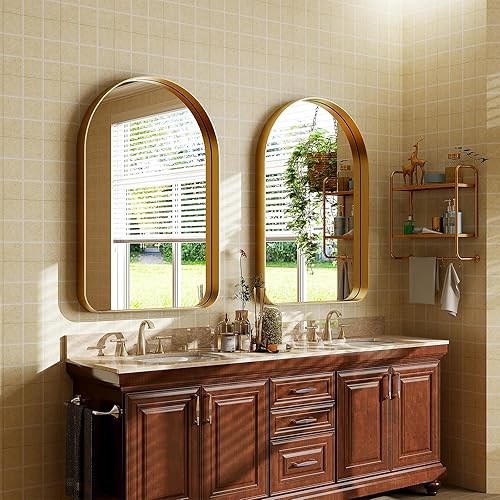 Miniatura 3 de Espejo de baño arqueado, espejo de baño dorado de 30 x 20 pulgadas para pared, espejo enmarcado de aleación de aluminio, espejo de tocador de baño