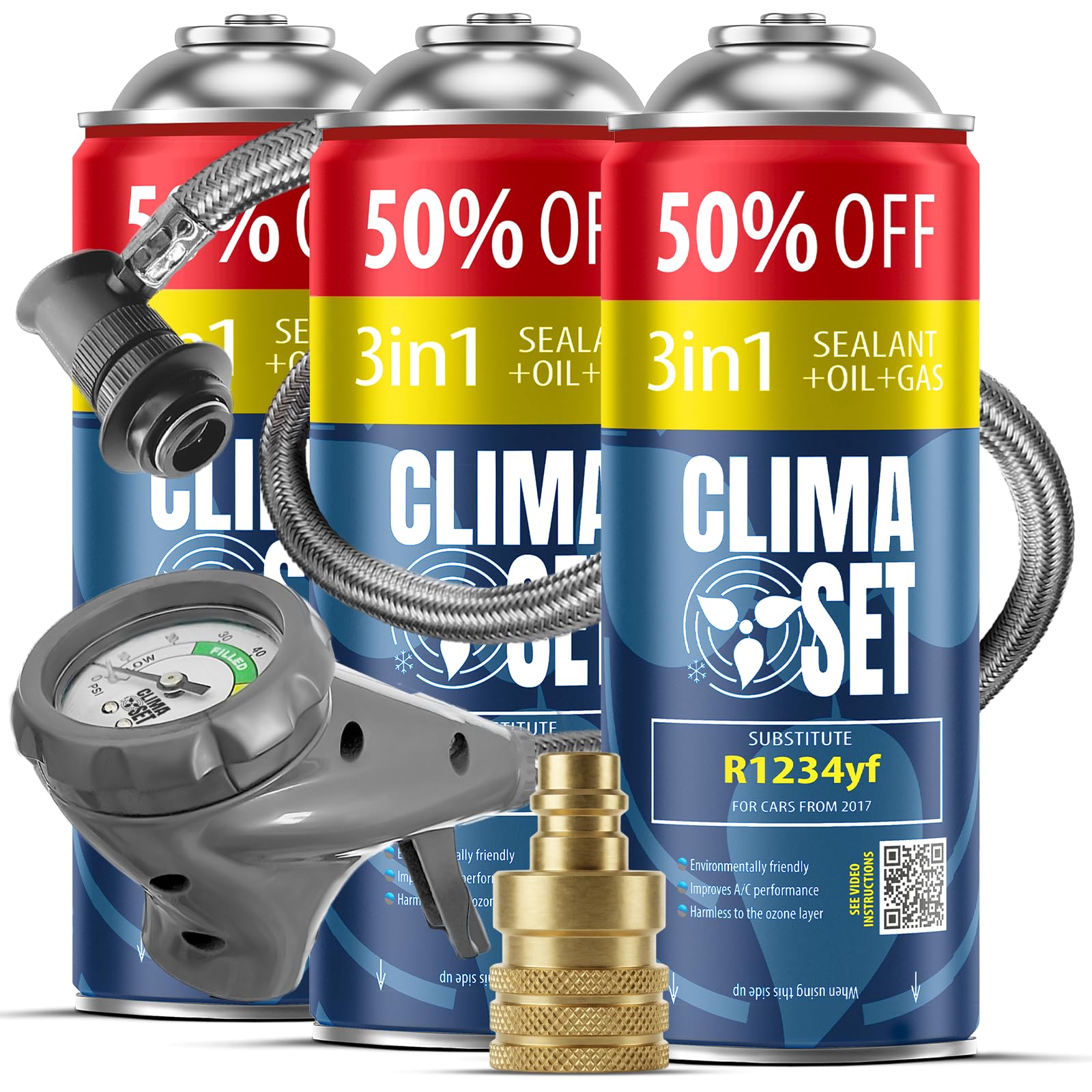 CLIMASET - Automotive AC Recharge Kit - 3x 3in1 R1234yf + hose + YF adapter - For Vehicles After 2016, Featuring a Modern Ergonomic Hose with Pressure Gauge