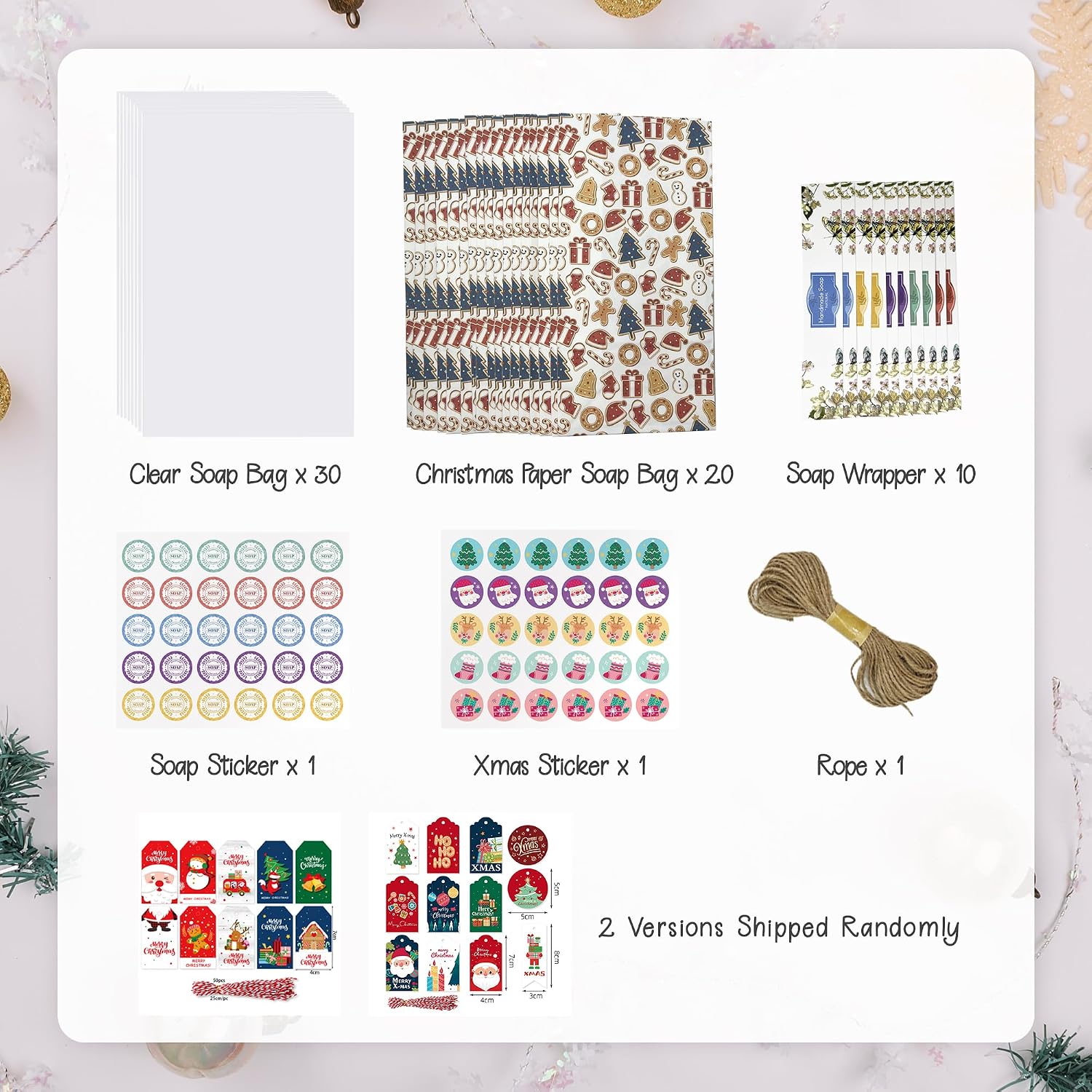 PIUH Christmas Soap Packaging Supplies Kit for Christmas Xmas Gift, Including Soap Wrapper, Clear Plastic Bags x 30, Christmas Tags x 40, Jute Ropes, Xmas Paper Bags x 20, Stickers x 2 for Soap