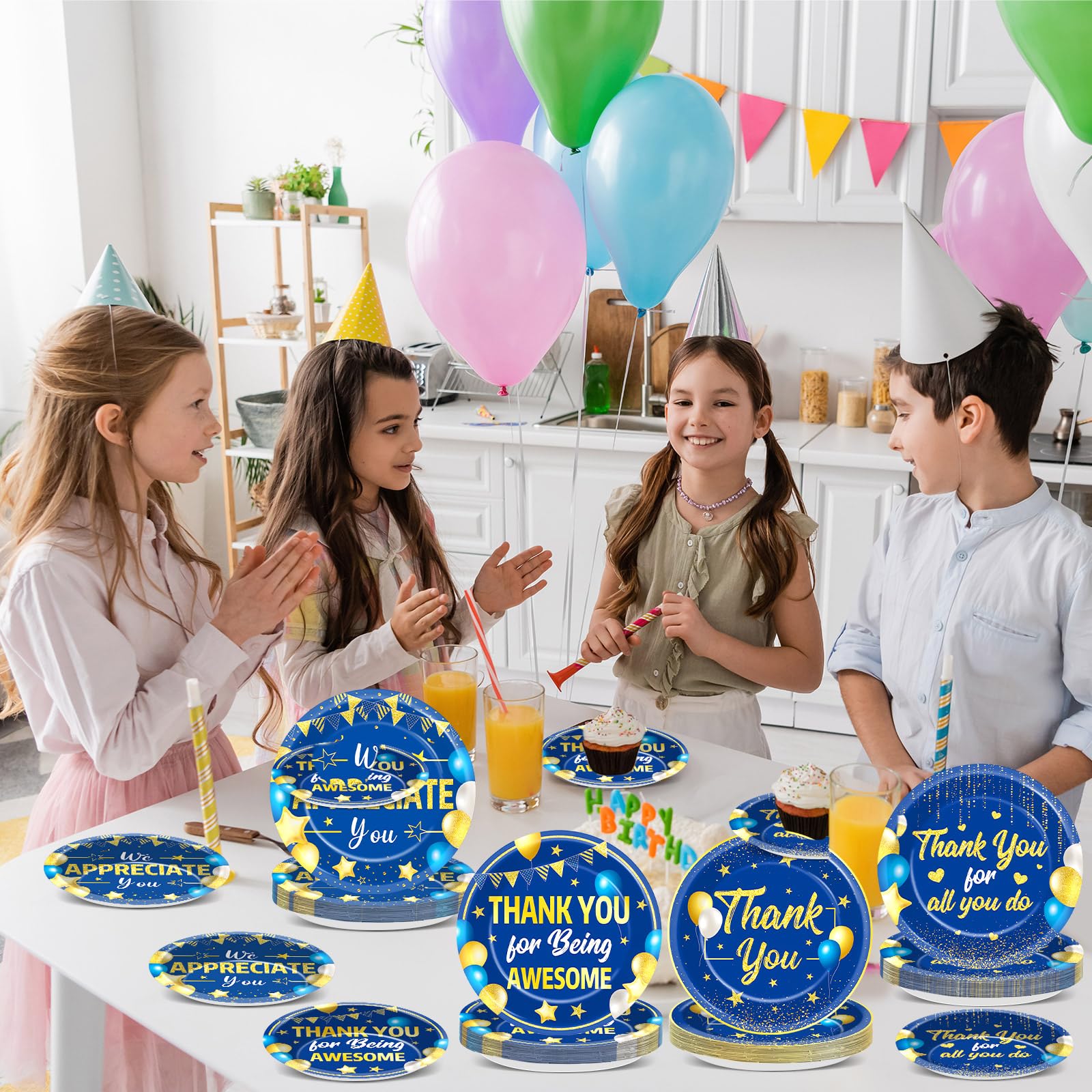 48 platos de papel dorados azules con texto en inglés «We Appreciate You», suministros para fiestas de agradecimiento, vajilla de agradecimiento, platos desechables para profesores, empleados, médicos