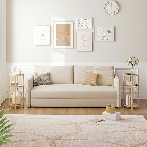 Miniatura 2 de HOOBRO Juego de 2 mesas auxiliares redondas pequeñas con estación de carga, mesas auxiliares redondas de bambú de 3 niveles, fácil montaje, para