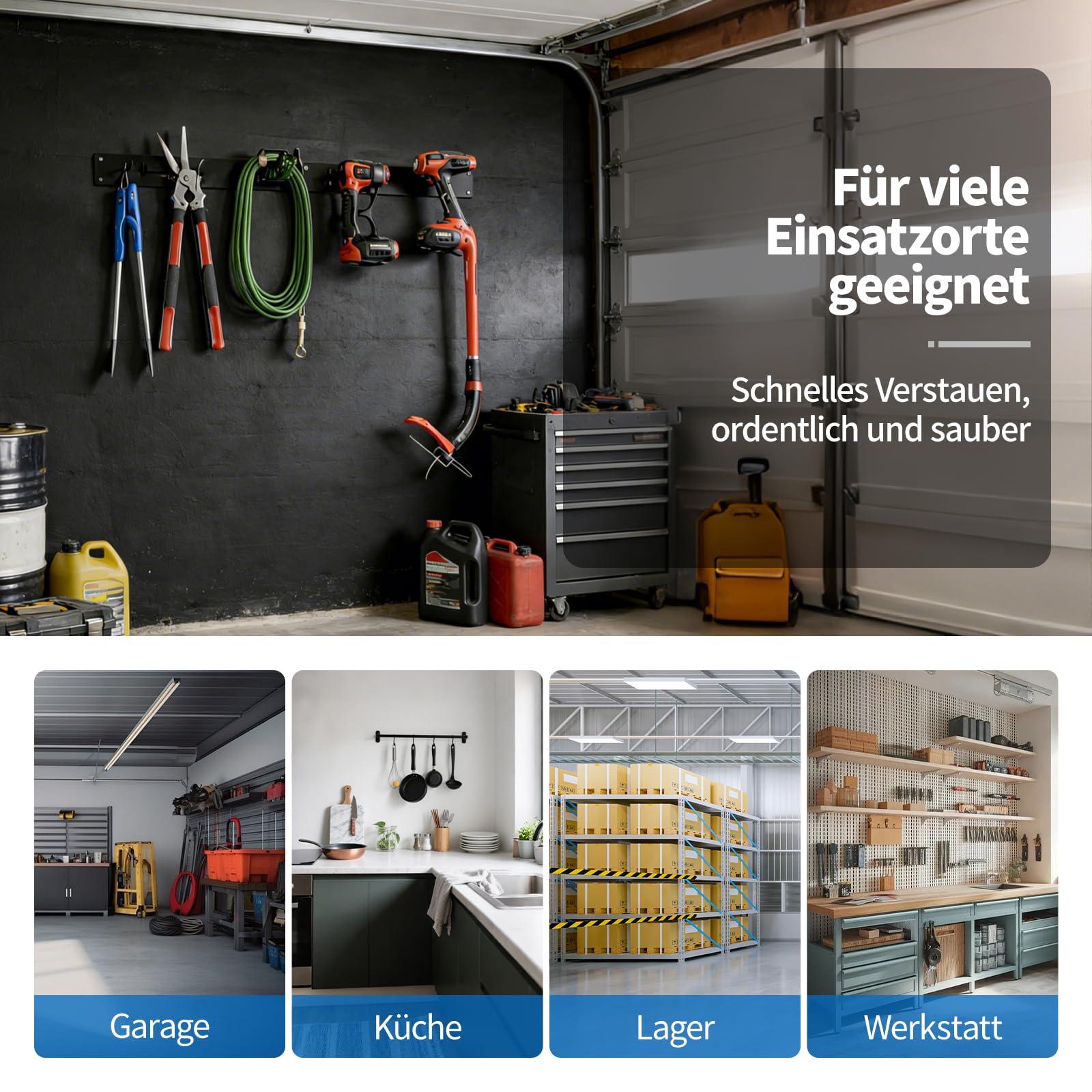 Gartengerätehalter Wandhalterung aus Metall, Werkzeughalter mit 4 Doppelhaken, stabil & belastbar, Besenhalter für Garten, Garage und Werkstatt, Schwarz