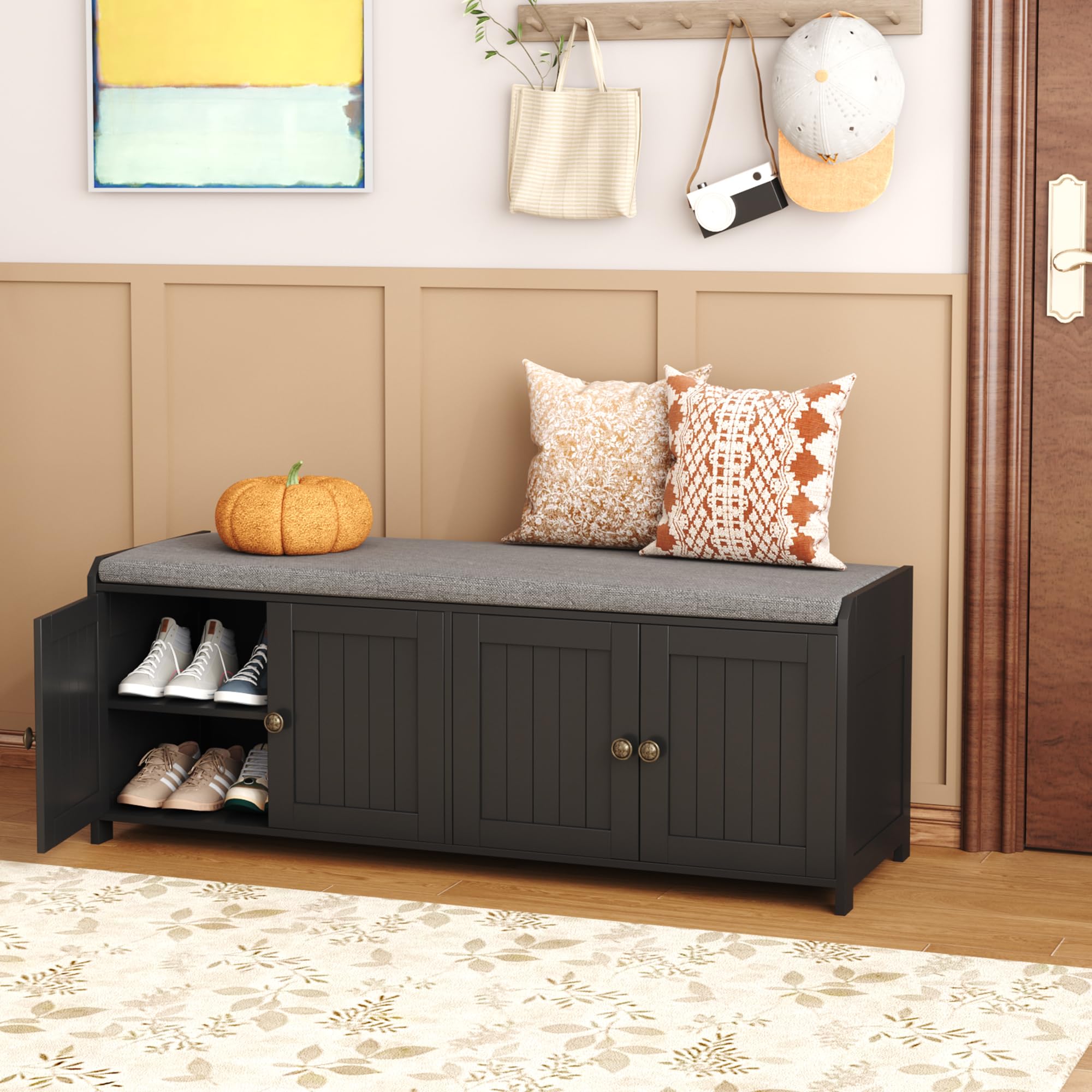 HOME BI Shoe Storage Bench with Cushion, 4 Door Entryway Bench with Padded Seat, 2-Tier Shoe Organizer with Adjustable Shelves, Wooden End of Bed Bench for Bedroom, Hallway,Living Room,Entrance, Black — image 1