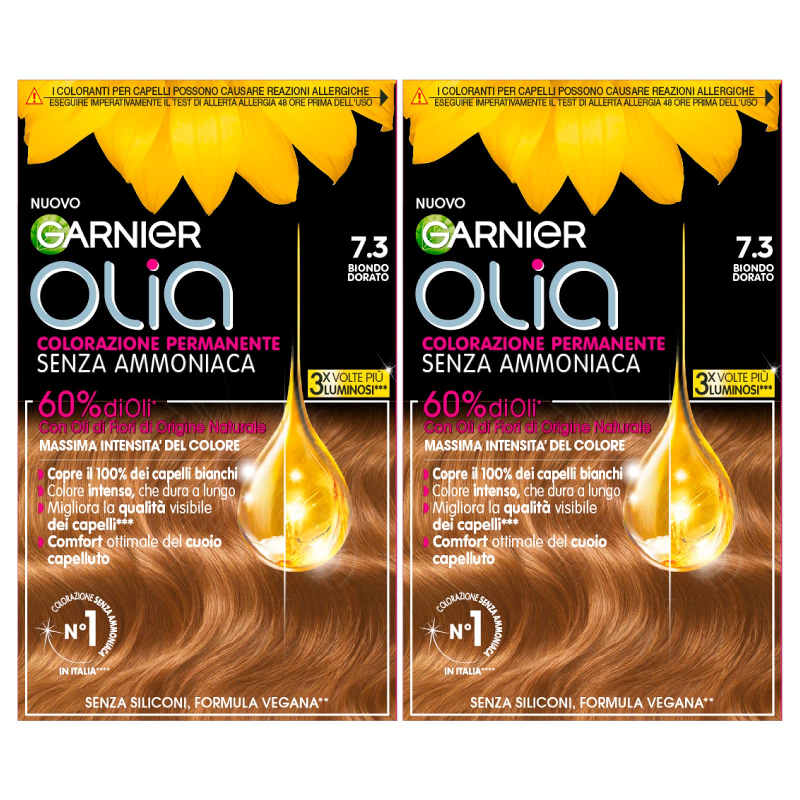 Garnier Olia Tinte permanente para el cabello sin amoníaco con aceites florales de origen natural con acción iluminadora y nutritiva, color 7.3 rubio dorado - 2 paquetes