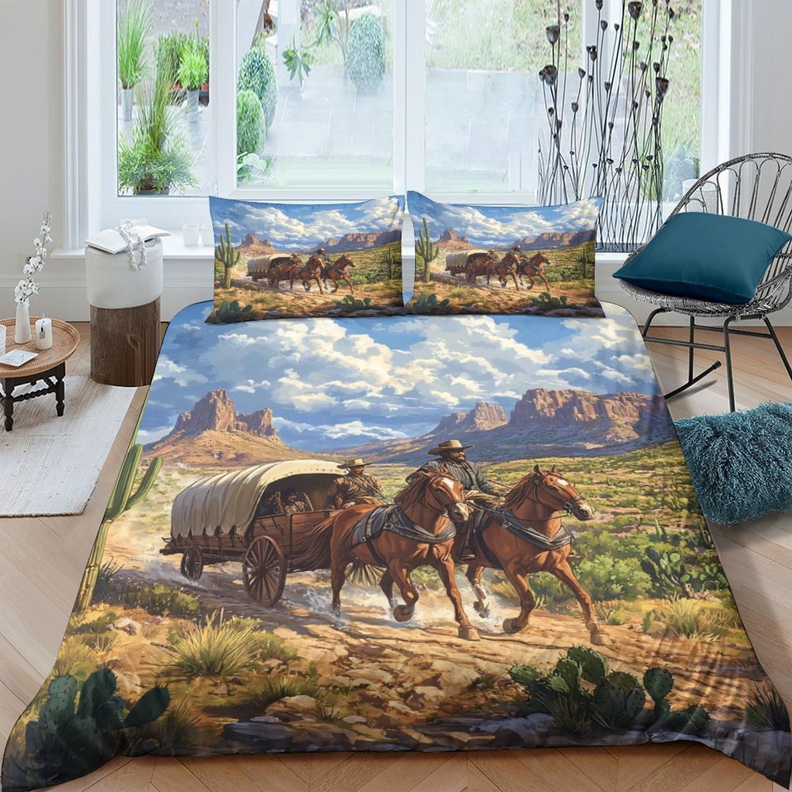 Ctjqhvkz Style-4 3D Printed Western Cowboy Fitted Sheet Microfiber Soft Horse Wagon Bed Cover For Bedroom Living Room Decor Single（135X200cm）