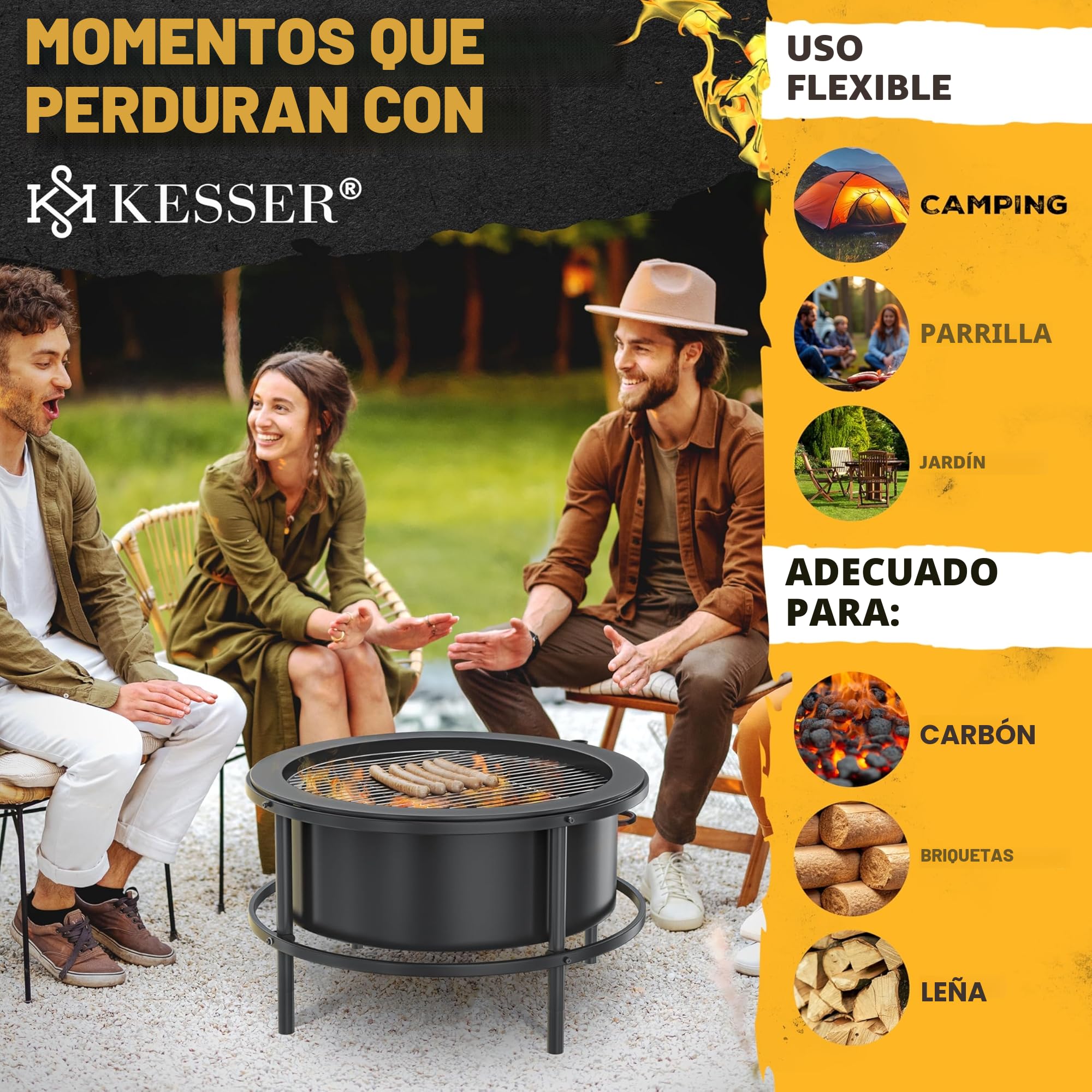 KESSER® Brasero con parrilla de 65 cm, cesta de fuego de 0,6 mm, acero frío, barril móvil neumático, brasero de madera y carbón, incluye gancho de 60 cm
