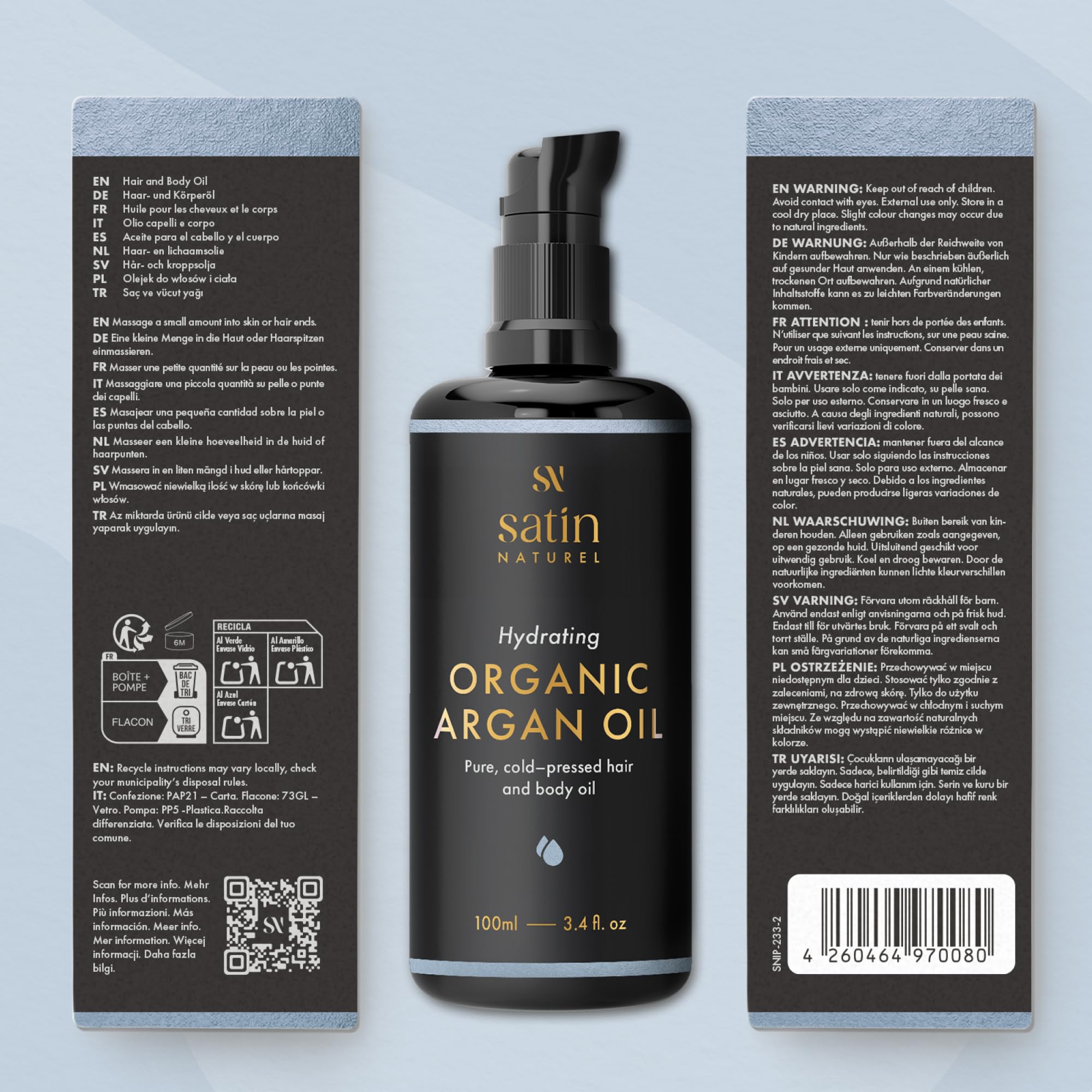 Satin Naturel Aceite de Argán Bio 100 ml – 100% Aceite Puro Prensado en Frío – Aceite Natural para Cabello, Piel, Uñas y Barba – Aceite para Cabello Seco y Cuero Cabelludo, Certificado Orgánico