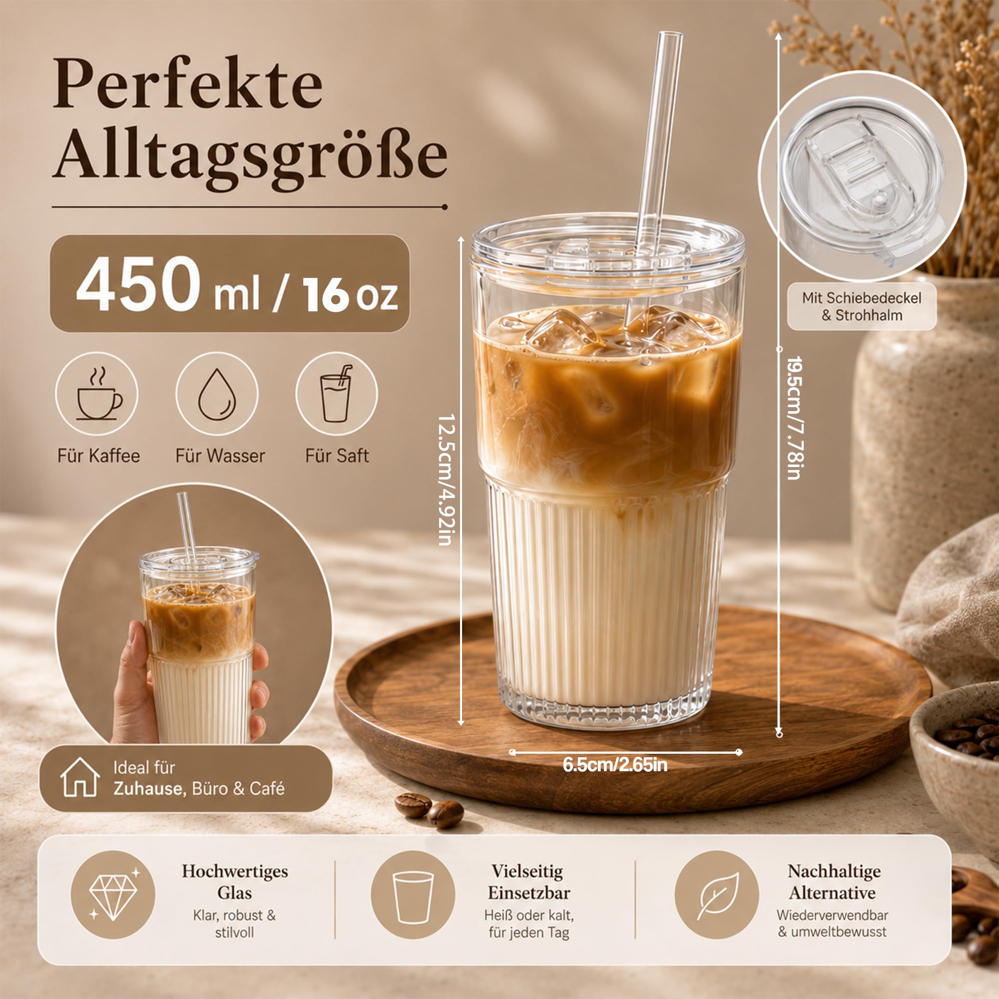 VITEVER Confezione da 2 bicchieri in vetro scanalati con coperchio e cannucce, 450 ml, bicchieri da caffè freddo, per frullati e cocktail, in vetro trasparente per la casa o per il caffè