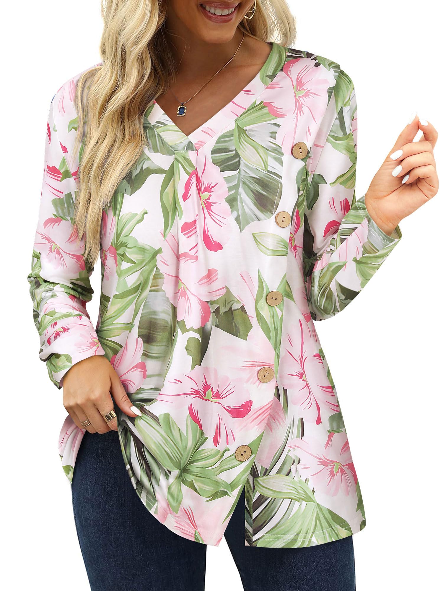 Womens V Neck Hawaiian Shirt Fall Vintage Floral Tropical Printed Tunic Top Long Sleeve Buttons Side Shirts