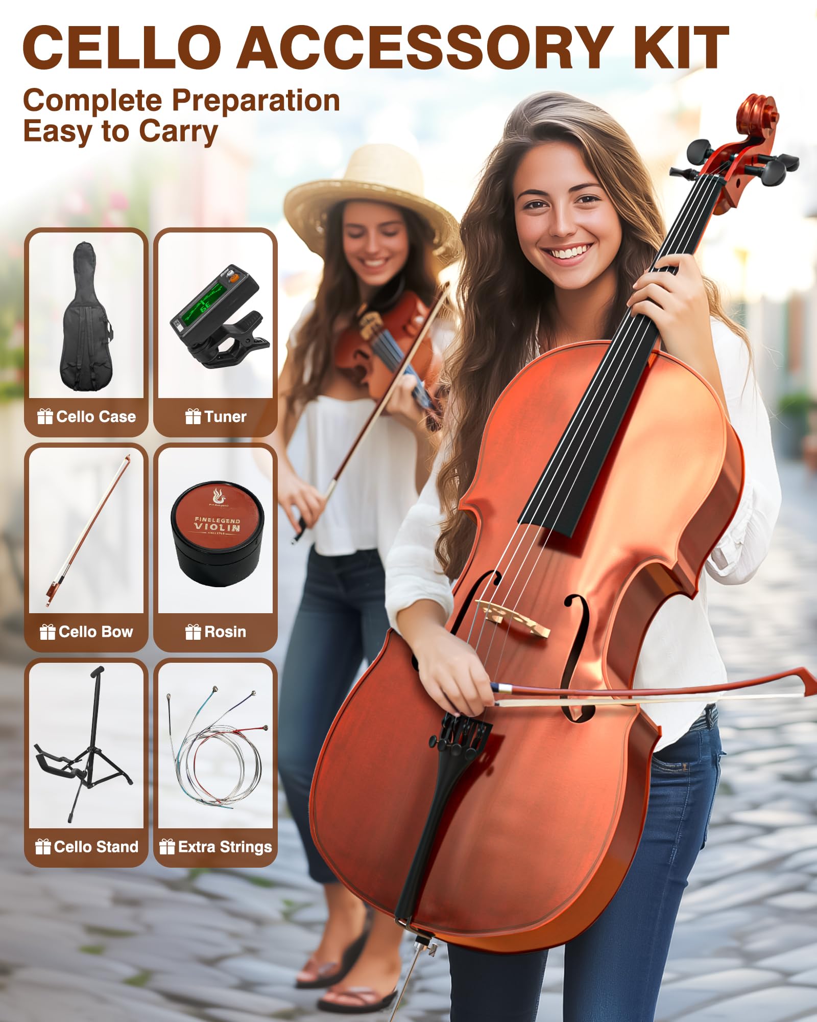 PYY Cello 4/4 Full Size - Solid Wood Acoustic Cello Package with Free Stand, Bag, Strings, Tuner, Rosin and Bow, Cello 4/4 Strings Set for Students & Adult Beginner Instruments - Image 4