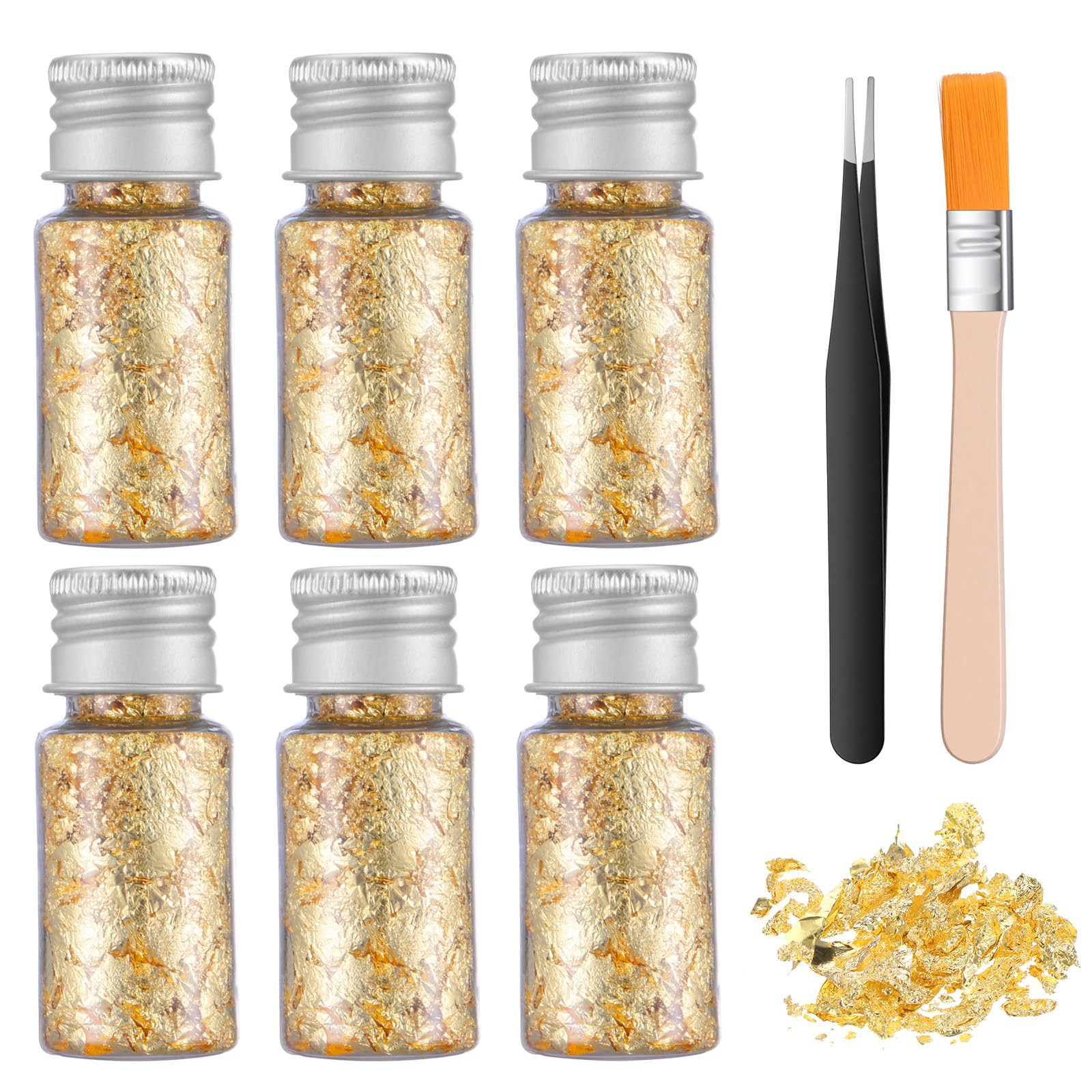 JJUNW 6Pcs Decorative Gold Leaf, Multifunction Gold Flakes Cake Decoration Baking Foil Decor with Plastic Tweezers&Brush for Cooking Dessert Decoration Crafts Makeup(Gold)
