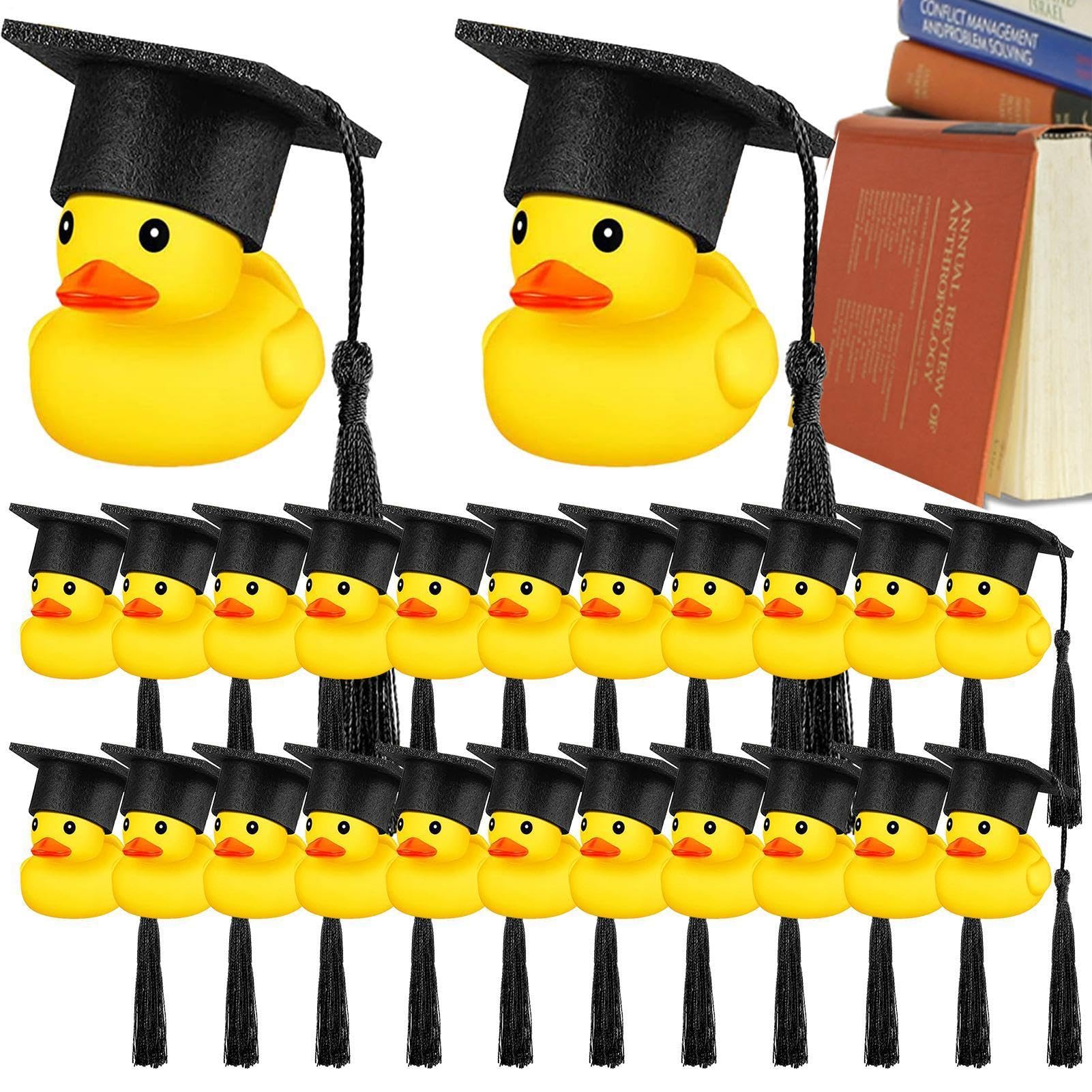Graduation Rubber Ducks - 12/24 Piece Pack (Bulk) Mini Yellow Ducks | Black Graduation Cap Mortarboard, Party Favors for Class of 2026, Car Dashboard Decor and Student Gift Bag Fillers