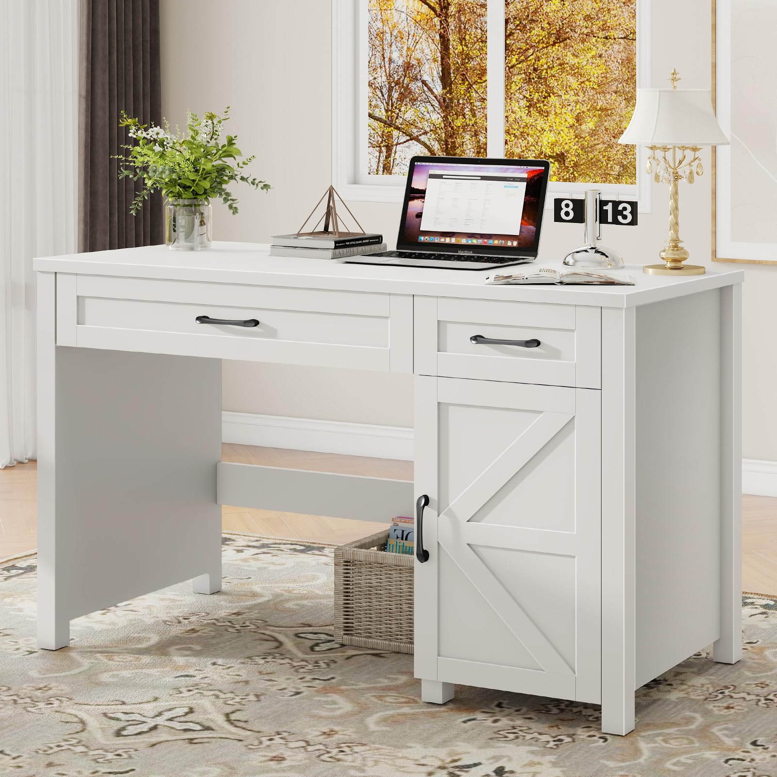 Vabches Farmhouse 47" Executive Desk, Computer Desk with Drawers and Storage Cabinet, Workstation Computer Desk for Home Office, Study.(Cream White)