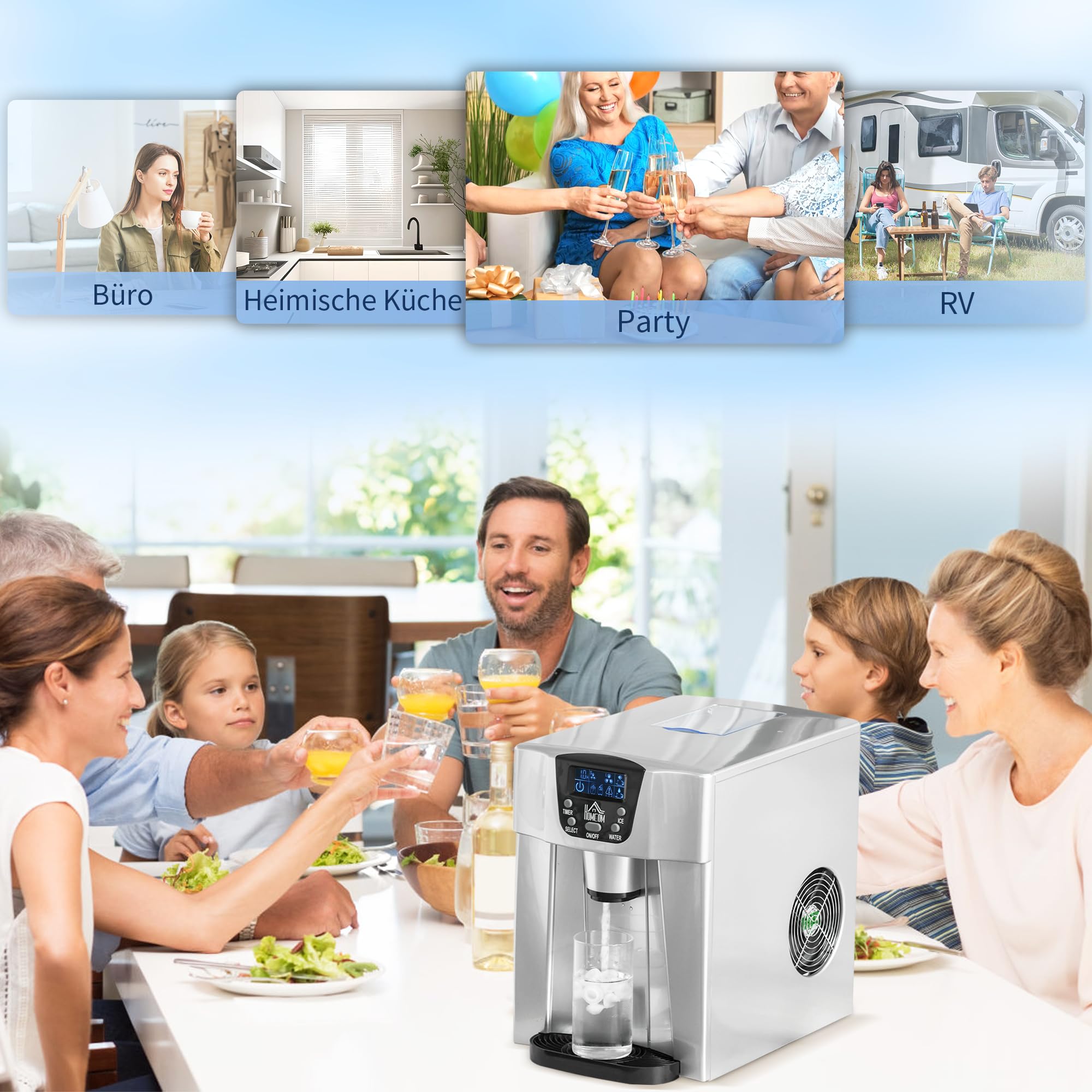 HOMCOM Macchina per cubetti di ghiaccio, 9 cubi, pronta in 6-10 minuti, 12 KG/24 H, stazione d'acqua con serbatoio d'acqua da 3 l, per cucina, ufficio, bar e feste, argento