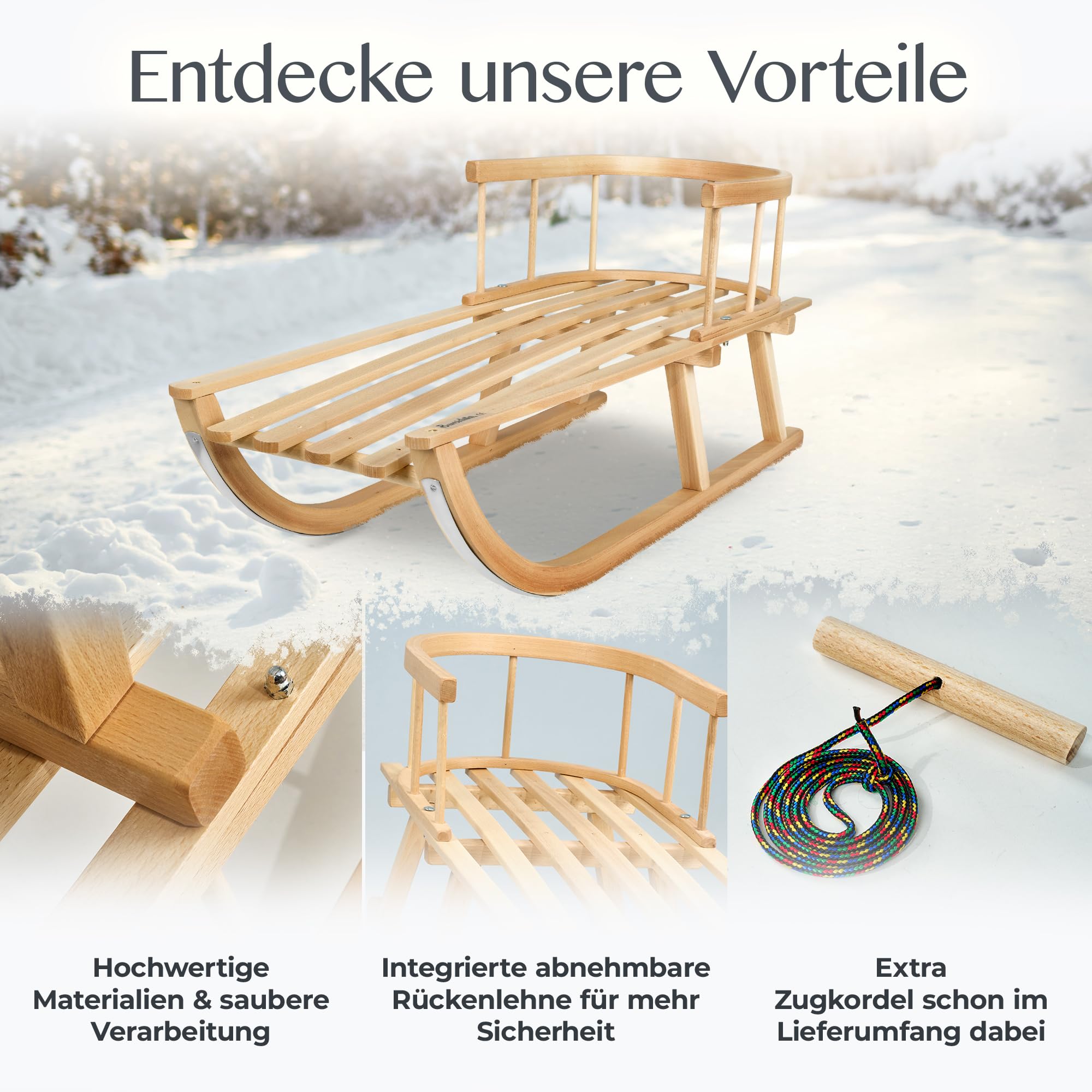 Trineo de madera con respaldo y cuerda de tracción + saco universal de invierno (90 cm), adecuado para portabebés, cochecito, cochecito de bebé, lana UNI (naranja)