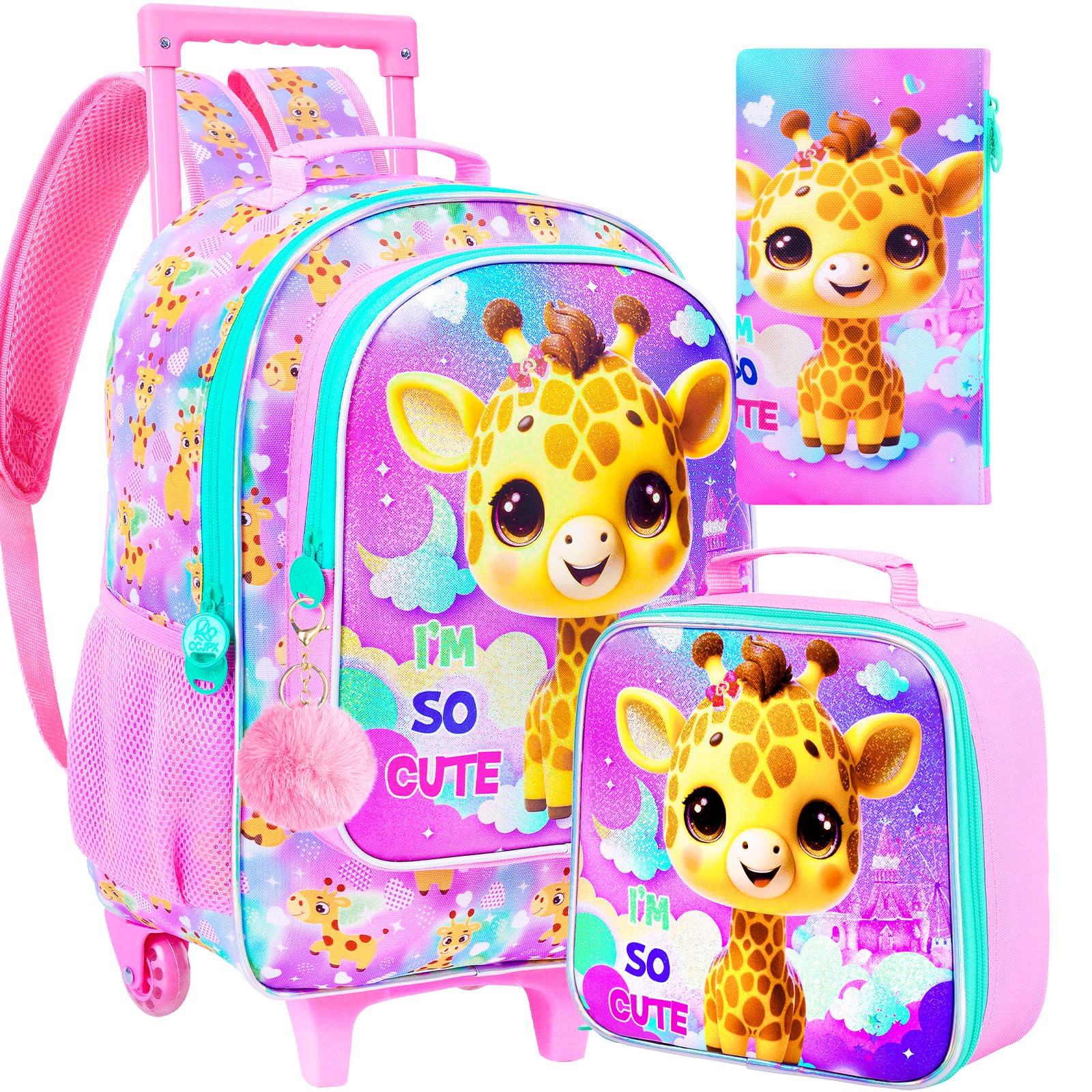 TXHVO 3PCS Rolling Backpack for Girls Boys, Kids Roller Wheeled Bookbag with Lunch Box, Backpacks with Wheels for Elementary