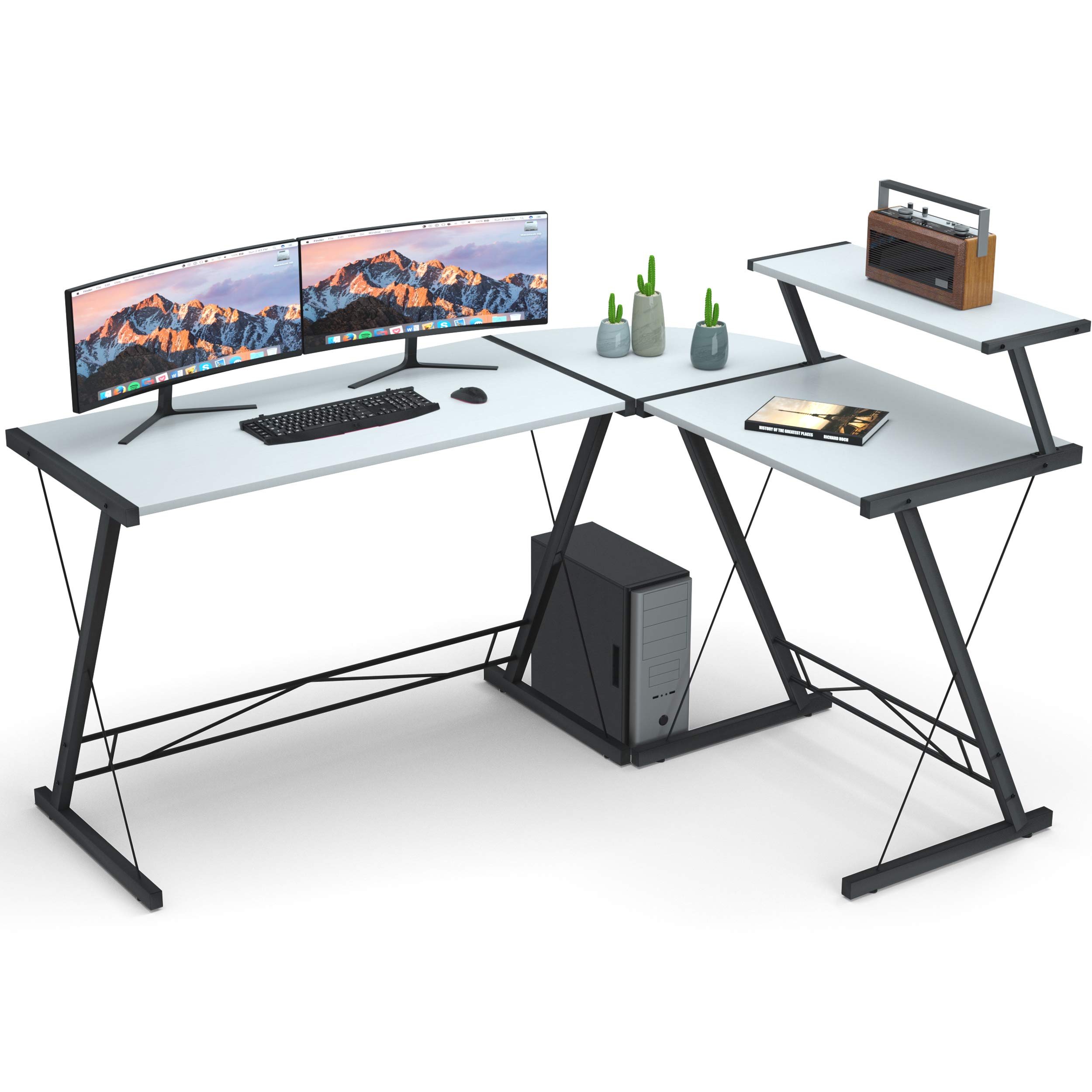Amazon Com Coleshome Reversible L Shaped Desk 60 8 Home Office Desk With Round Corner Computer Desk With Large Monitor Stand Pc Table Workstation White Kitchen Dining