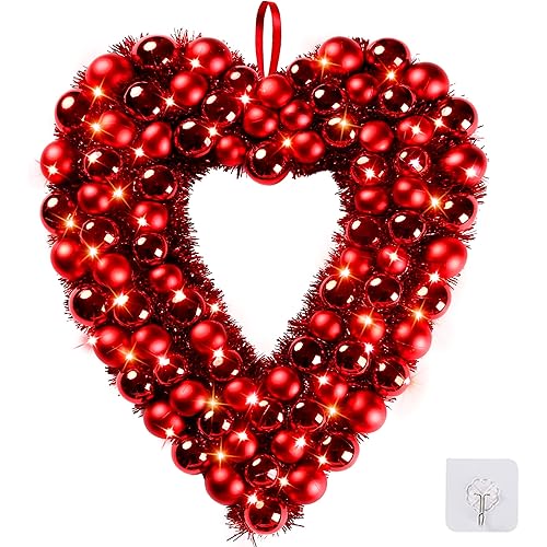 Sggvecsy 18’’ Heart Shaped Wreath Valentines Day Red Heart Wreath with Tinsel Red Balls LED Lights for Front Door Wedding Party Anniversary Wall Decor Gift for Girlfriend Mother’s Day