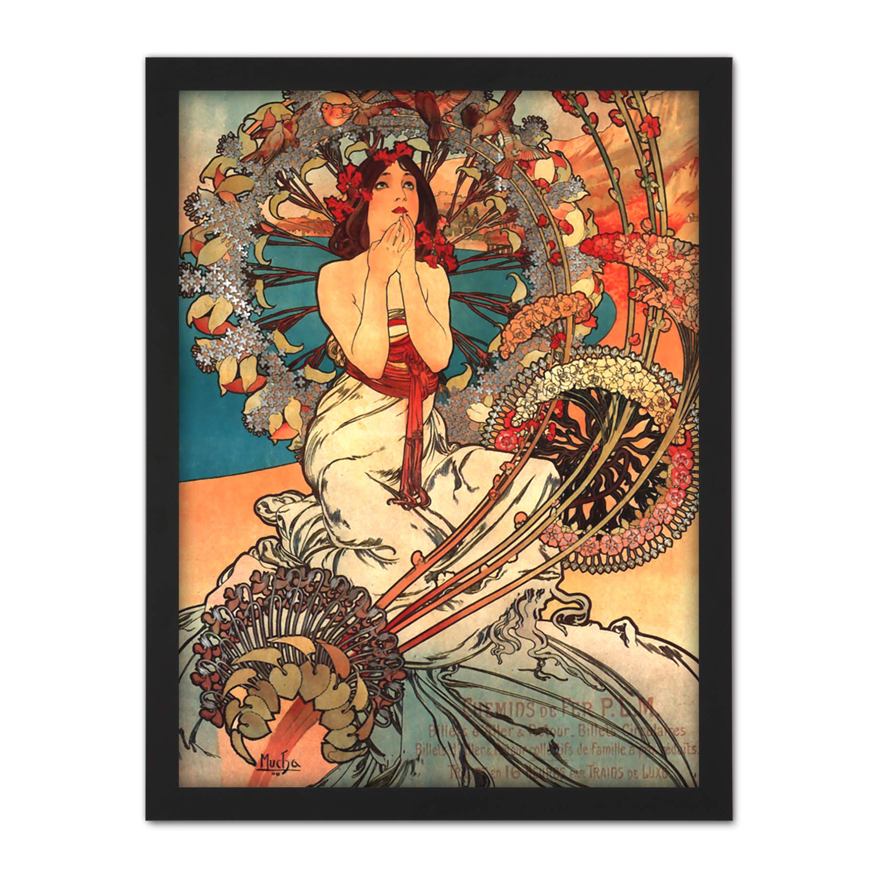 Wee Blue Coo Mucha Art Nouveau Woman Floral Artwork Framed Wall Art Print 18X24 Inch