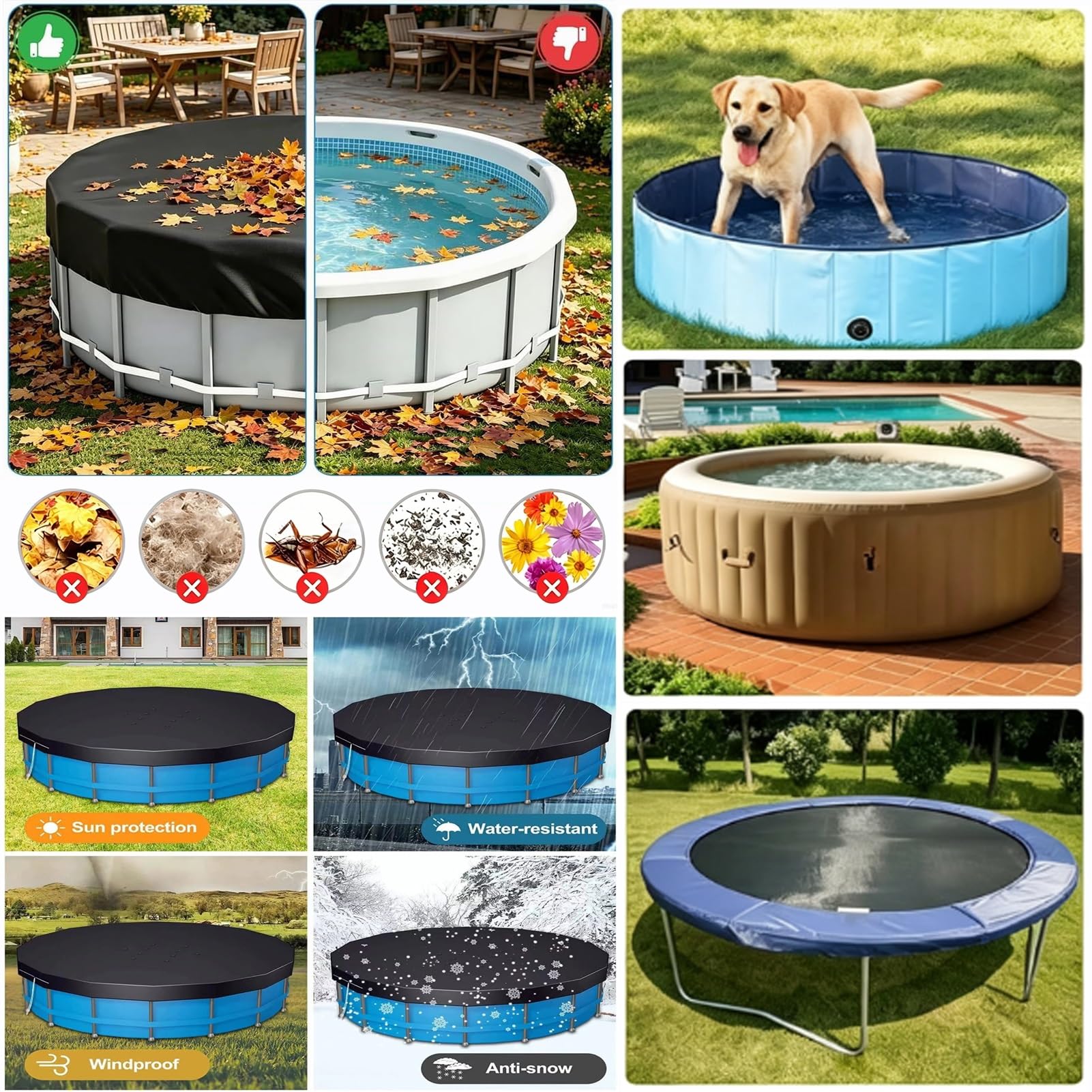 Cubierta de Piscina Redonda,Lona Piscinas Hinchable 366cm,Protección UV,Cuerdas de Viento y estacas,Impermeable y Resistente al Viento,Cubierta Plegable para Piscina al Aire Libre(15FT457*20cm)