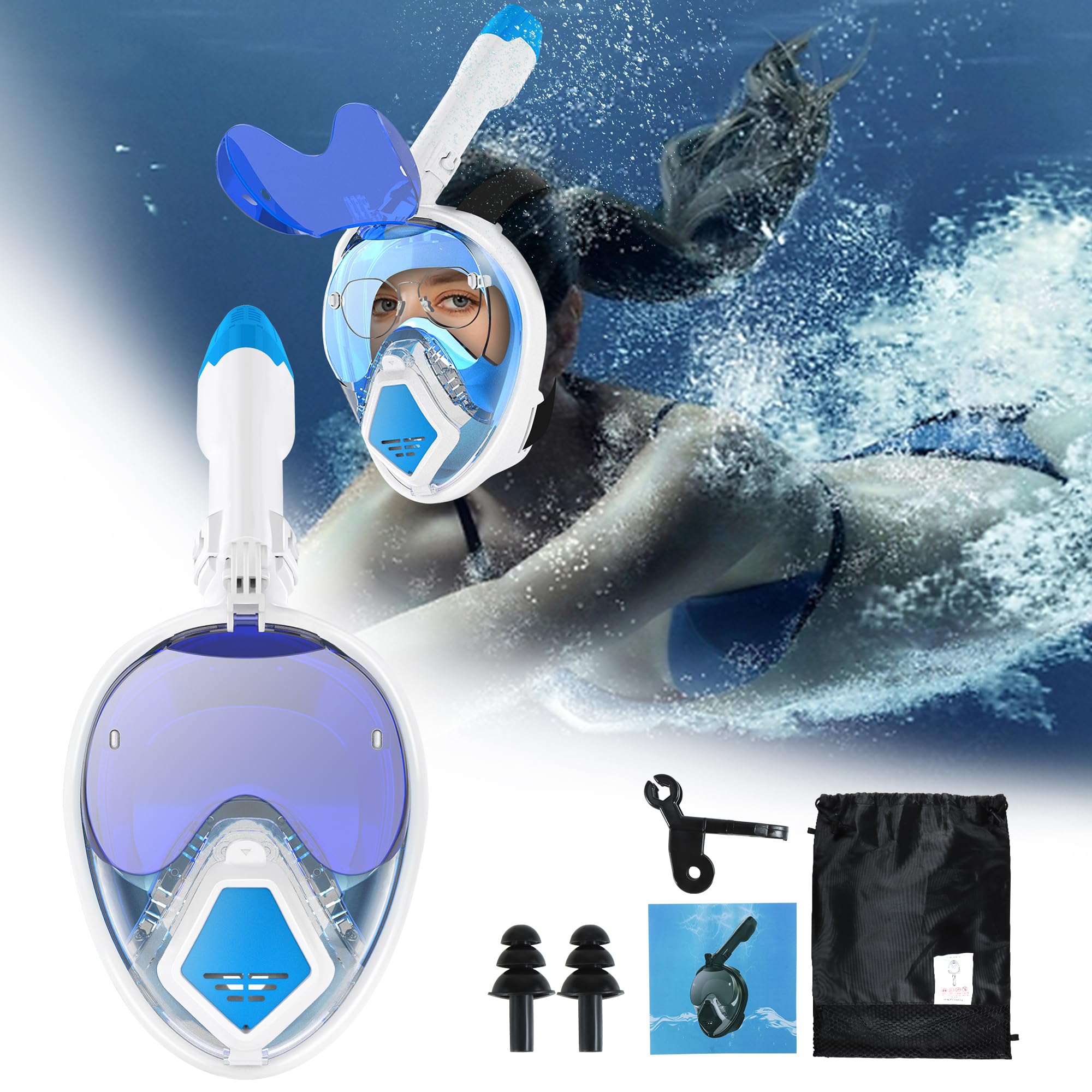 Devilfish - Máscara de esnórquel de cara completa para adultos, sistema de parte superior seca con gafas de sol plegables, equipo de esnórquel de visión panorámica de 180 grados, máscaras de