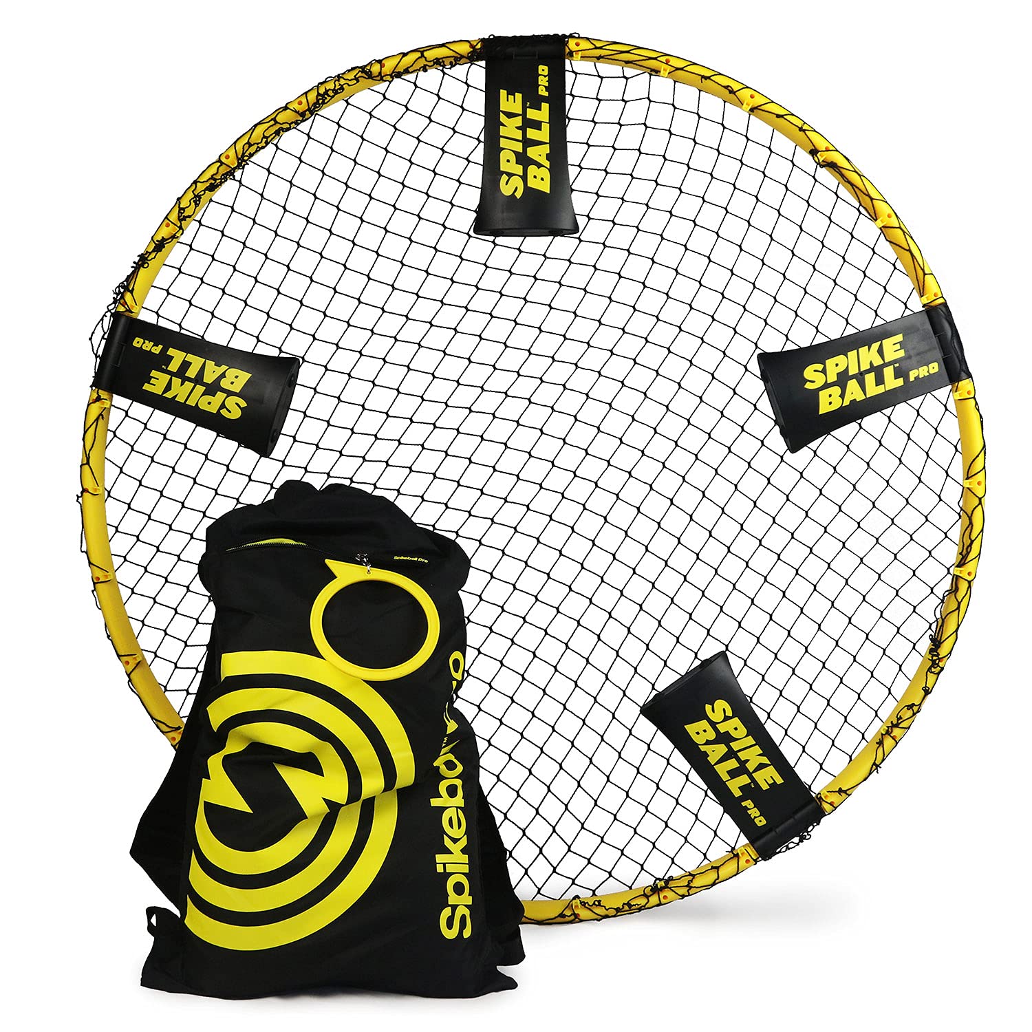 Spikeball Reaktionsspiel Pro | Bruchsicherer Kunststoff Rahmen, reißfestes Netz, Bälle mit Noppenstruktur, Ballpumpe | Mit Rucksack | Schwarz Gelb | Für Outdoor Teamspiel Fitness
