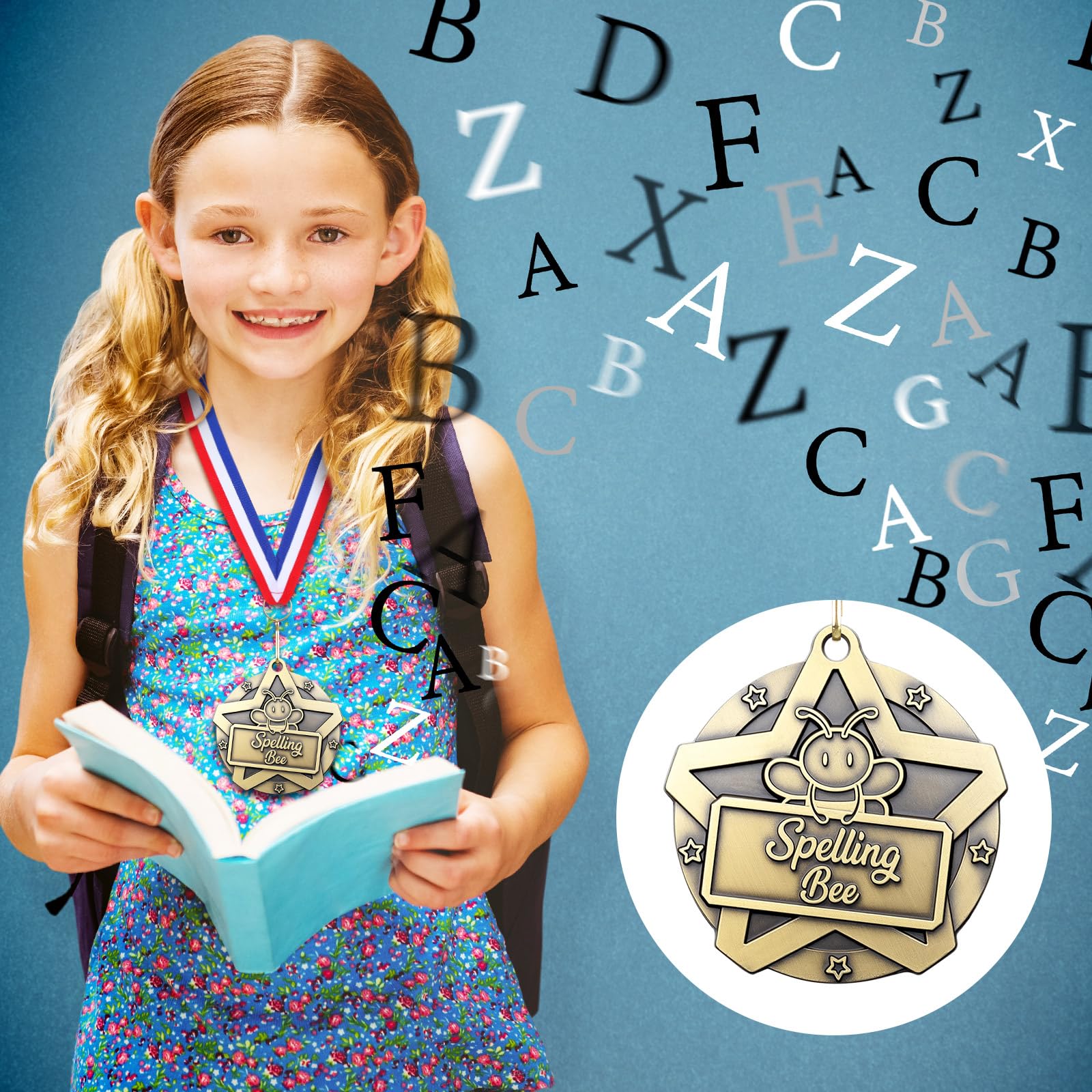 Quelay 30 medaglie premio da 5 cm, medaglie di ortografia sfuse con nastri per il collo, trofeo in metallo, premio regalo per tornei, concorsi, feste, bambini e adulti