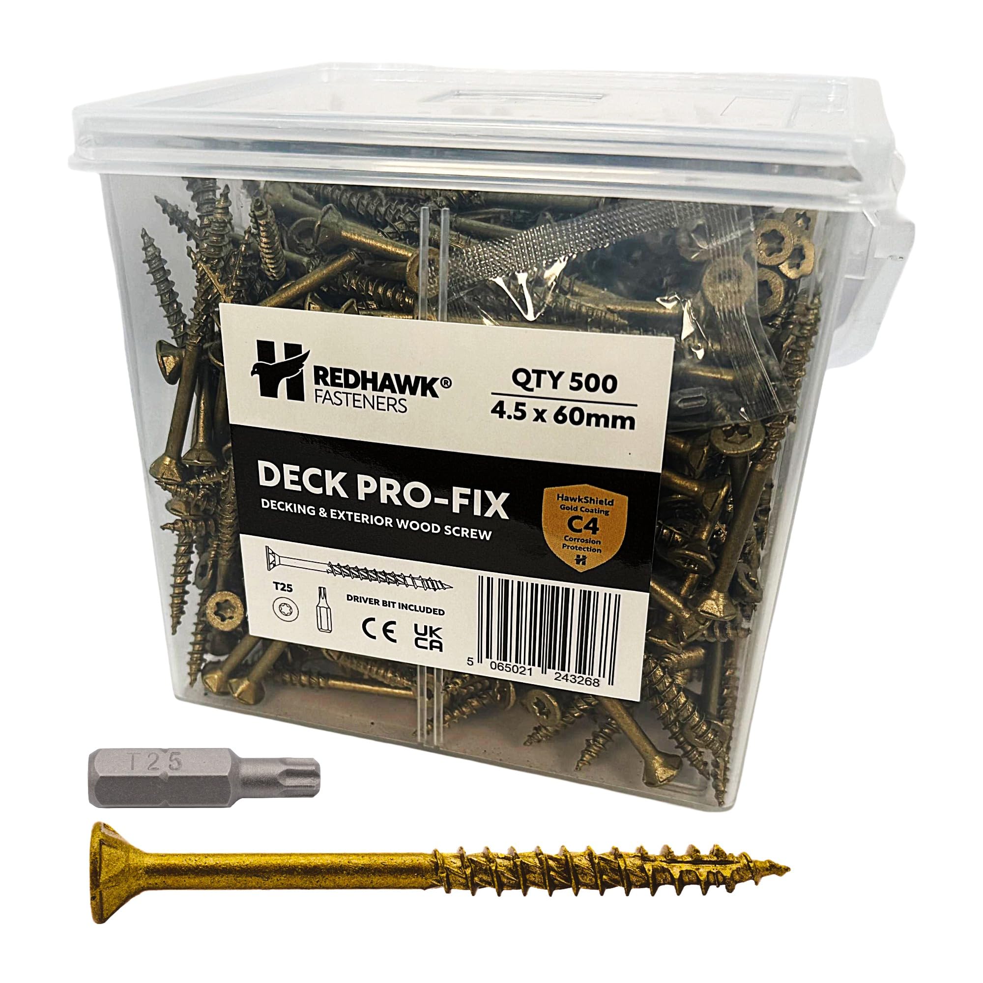 Redhawk Fasteners® Deck Pro-Fix Wood Screws HawkShield Gold – C4 Corrosion Resistant, TX25, Self-Countersinking, Type 17 – Decking & Exterior Wood Screws 4.5 x 60mm + TX25 Driver Bit (Tub 500)
