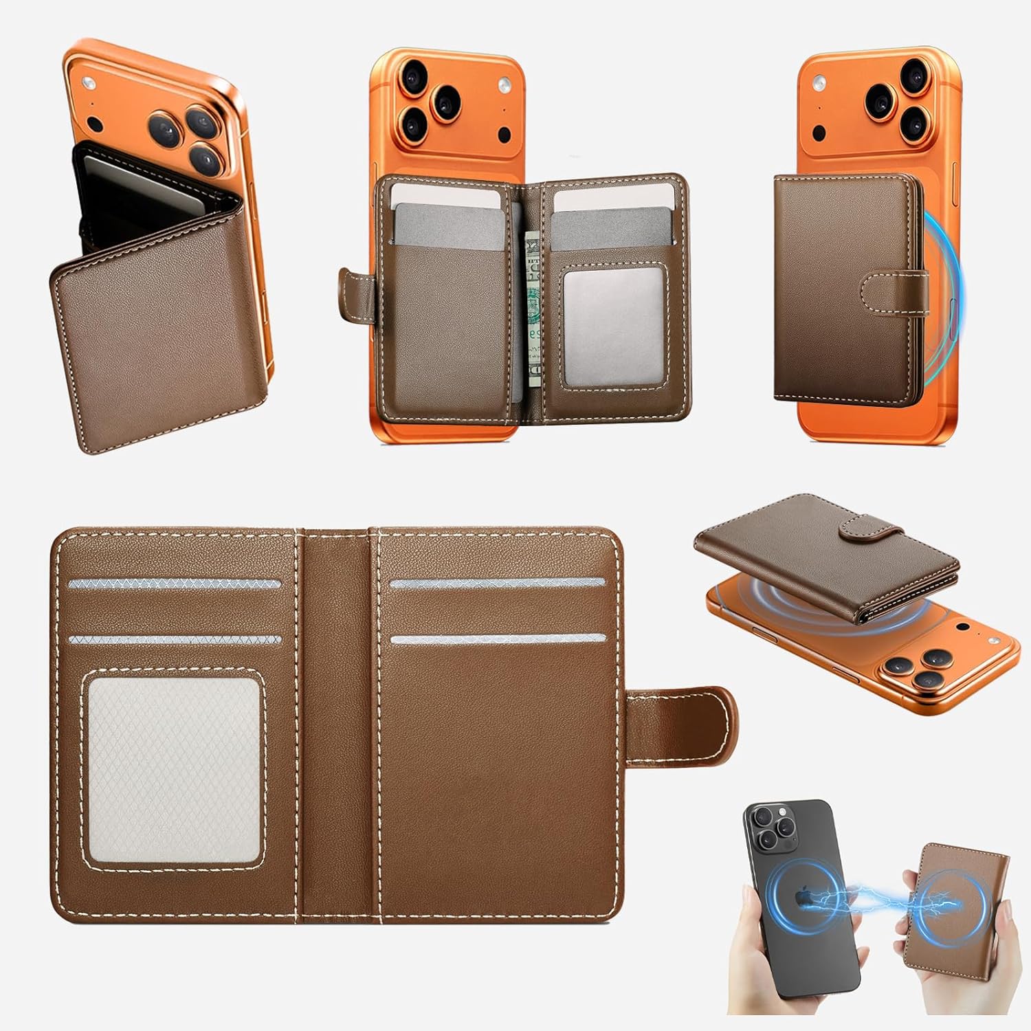 Magnetic MagSafe Wallet Compatible for iPhone 17/16/15/14/13/12 Series, magnetic Phone Wallet, Phone Credit Card Holder Fit 6 Cards for Unisex Lether MagSafe Wallets(Brown)