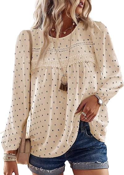 Falechay Womens Tops Flowy Boho Dressy Casual Lace Cute Long Sleeve Shirts