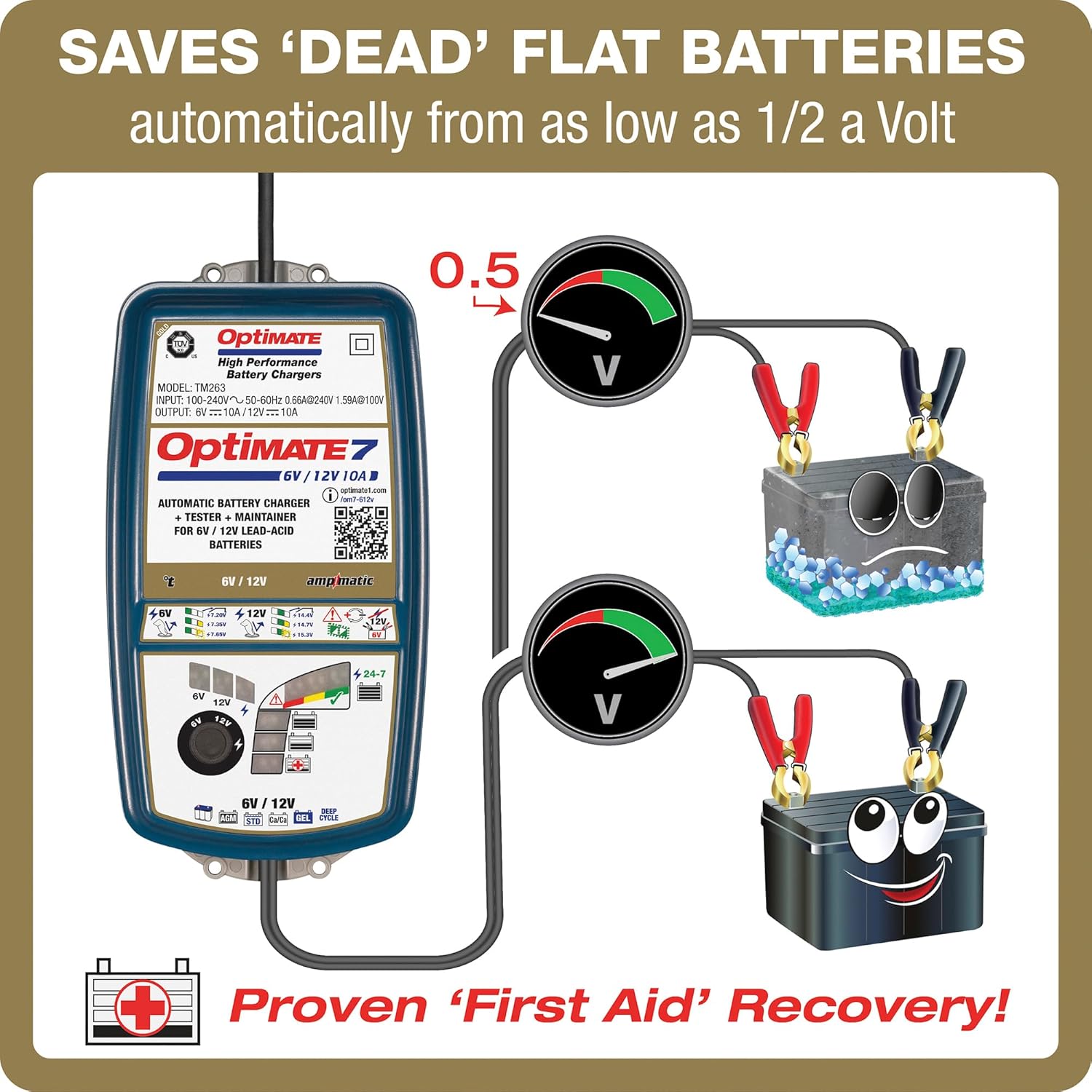 Optimate7 6V/12V - 10A, Model TM263, Gold Series High Performance Battery Charger & maintainer for Deep Cycle Batteries