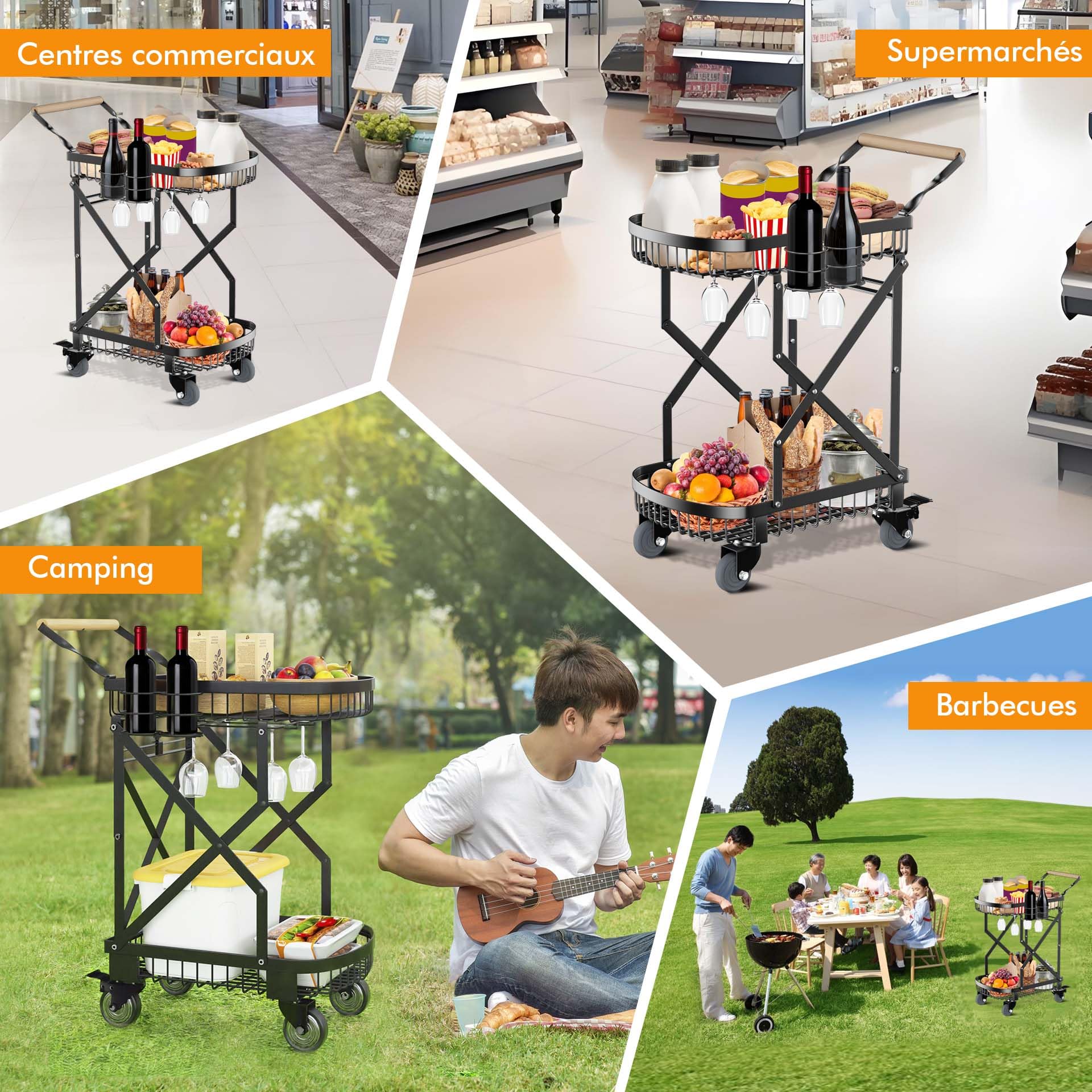 Mimoke Chariot de barbecue d'appoint avec table de barbecue avec roulettes, pliable en acier au carbone - Table d'appoint de jardin pour l'extérieur, les voyages, les courses (taille moyenne)