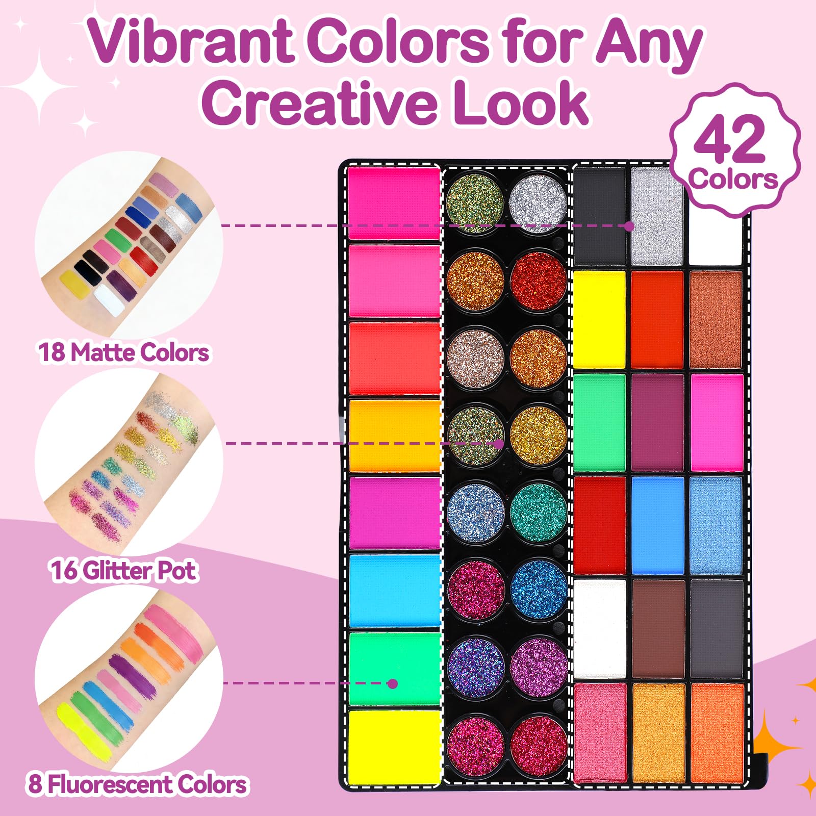 Kit Maquillage Visage et Corps 42 Couleurs, Peinture à l’Eau avec Pinceaux et Accessoires, Body Painting pour Cosplay, Théâtre, Carnaval, Halloween, +14 ans