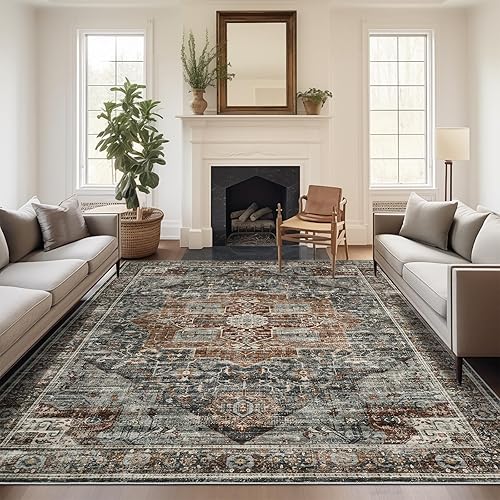 10x14 Area Rugs for Living Room - Large Washable Rug with Non-Slip Backing, Super Soft Vintage Carpet for Bedroom, Ultra-Thin Farmhouse Indoor Area Rug Home Decor (Grey/Brown/Tan, 10'x14')