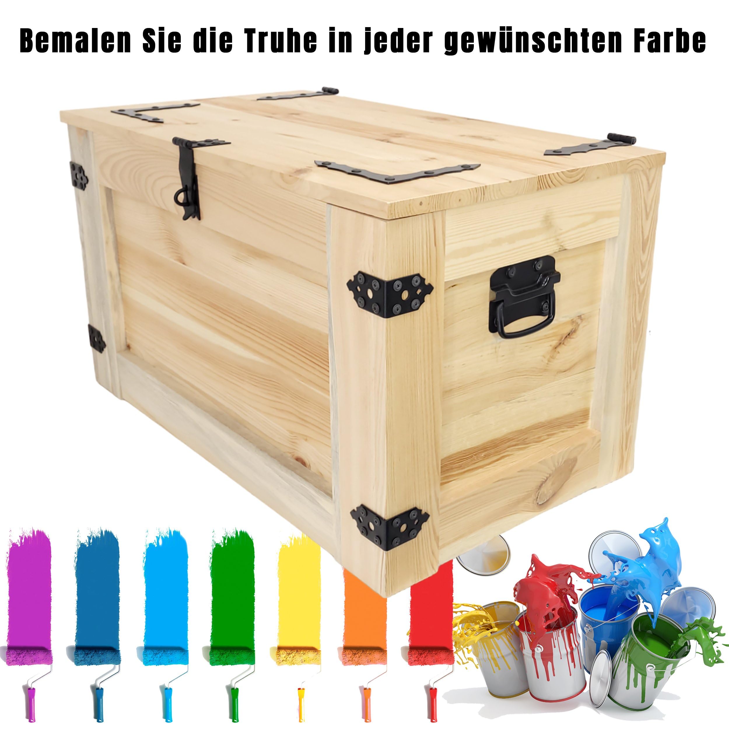 weeco Holzkiste mit Rädern 80x45x45cm, Hölzerne Truhe unbemalt rohes Holz Malen Sie die Kisten in einer beliebigen Farbe, Beistelltisch im Vintage-Shabby-Chic-Stil, aufklappbare Platte und Stauraum
