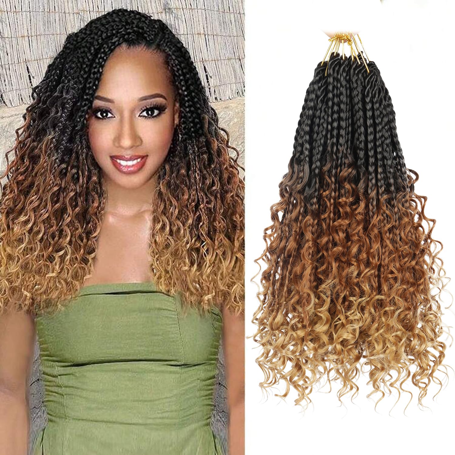 DRSSTIC 8 Packs Goddess Box Braids Crochet Hair, 18 Inch, Pre-looped, Boho Style, Curly, Brown, Synthetic, Clip-In Installation, Boho Box Braids, Hair