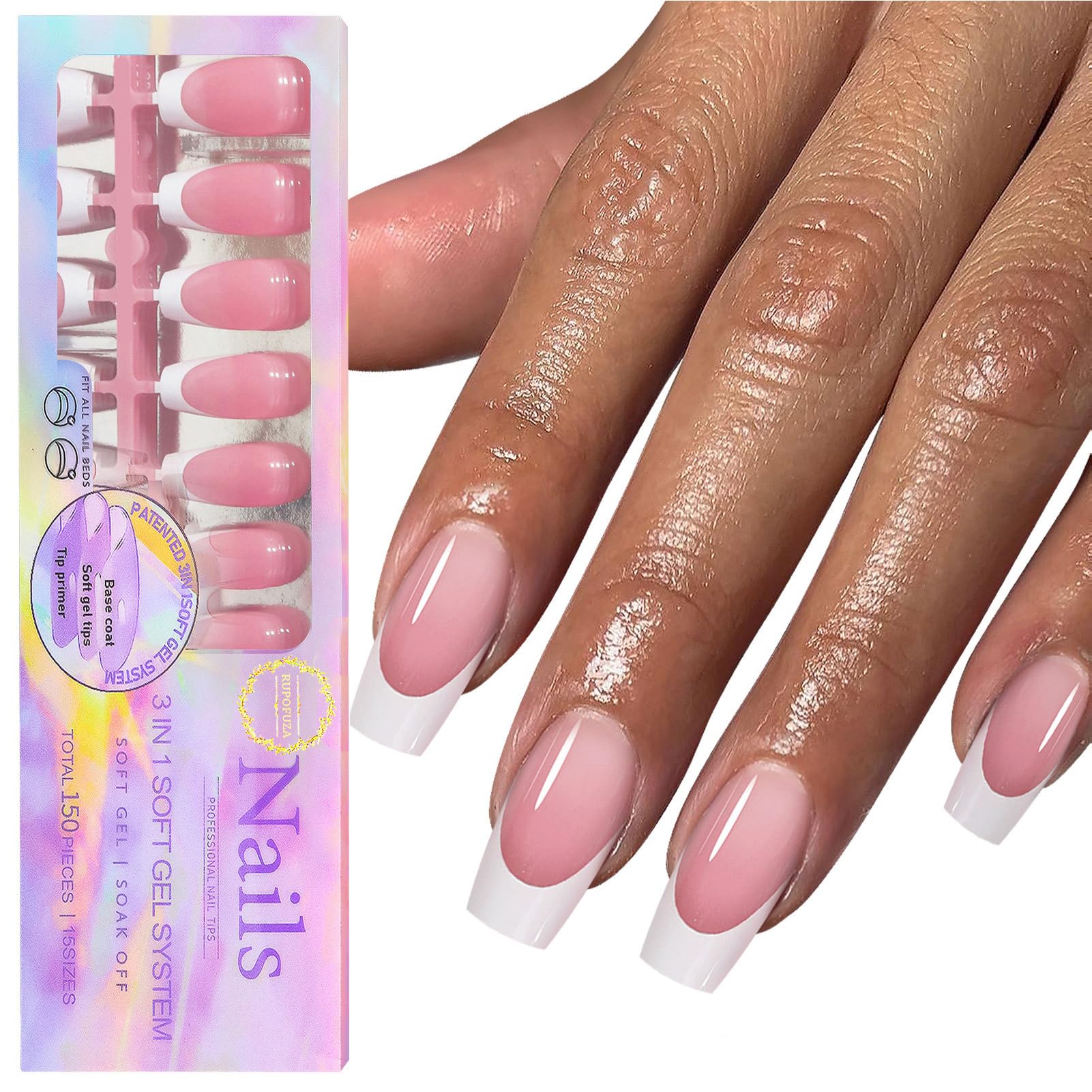 RUPOFUZA French Tip Press on Nails, White French Tip Nails, Soft Gel Pink Long Square Nail Tips False Nails 150pcs -15Sizes Artificial Fake Nails