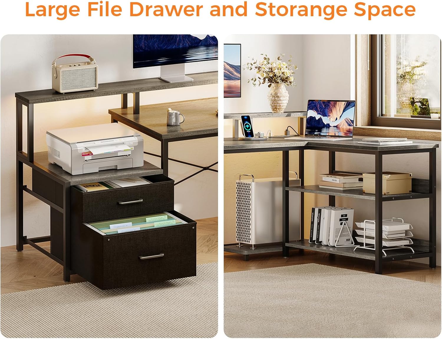 ODK L Shaped Desk with File Drawer, 75" Reversible L Shaped Computer Desk with Power Outlet & LED Strip, Office Desk with Storage Shelves & Monitor Shelf, Corner Desk, Grey Oak - Image 4