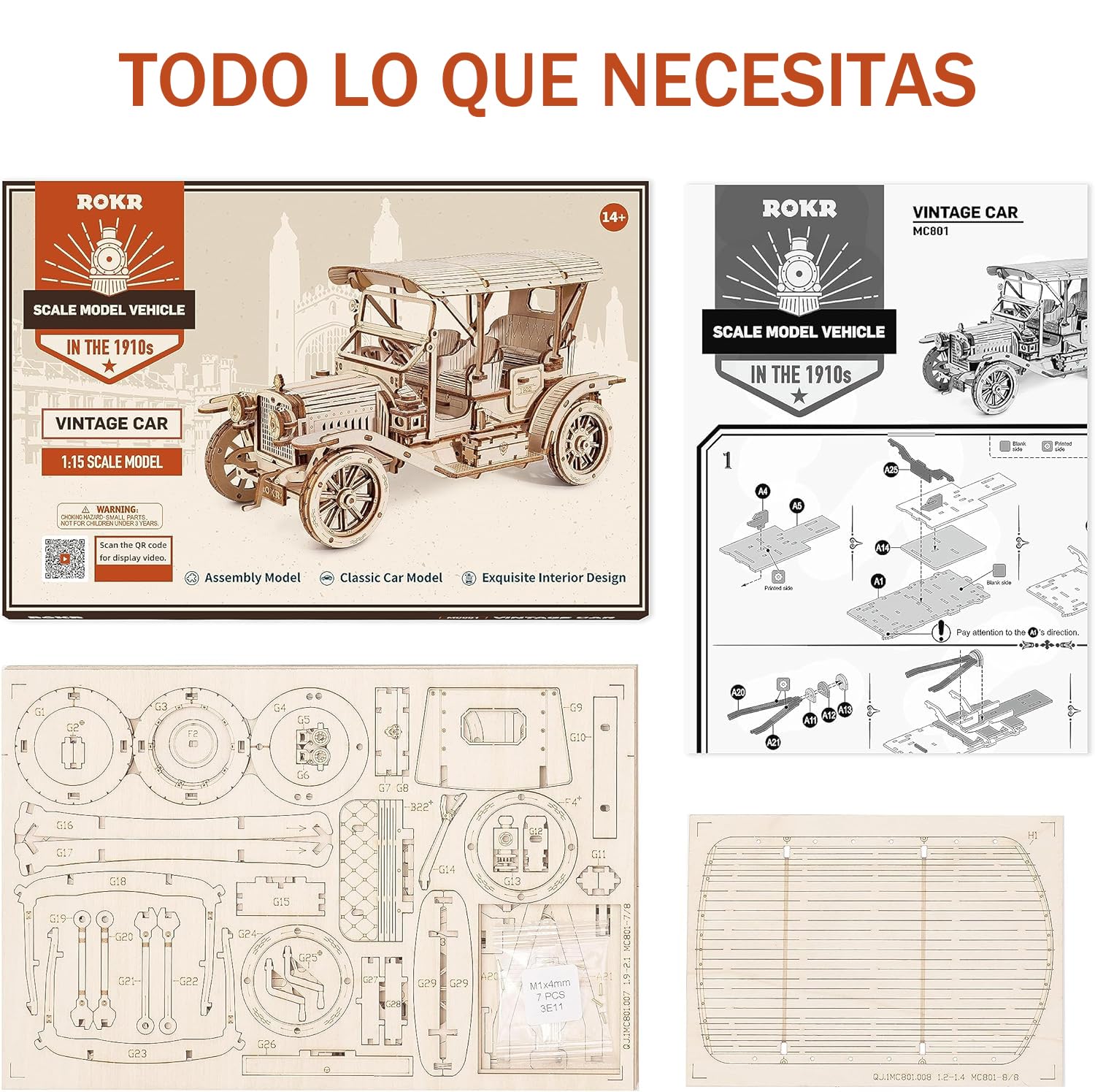 ROKR Puzzle 3D Madera Maqueta de Madera para Construir Coche para Niños Adultos, Kits de Modelismo Regalos de Cumpleaños, Vintage Car