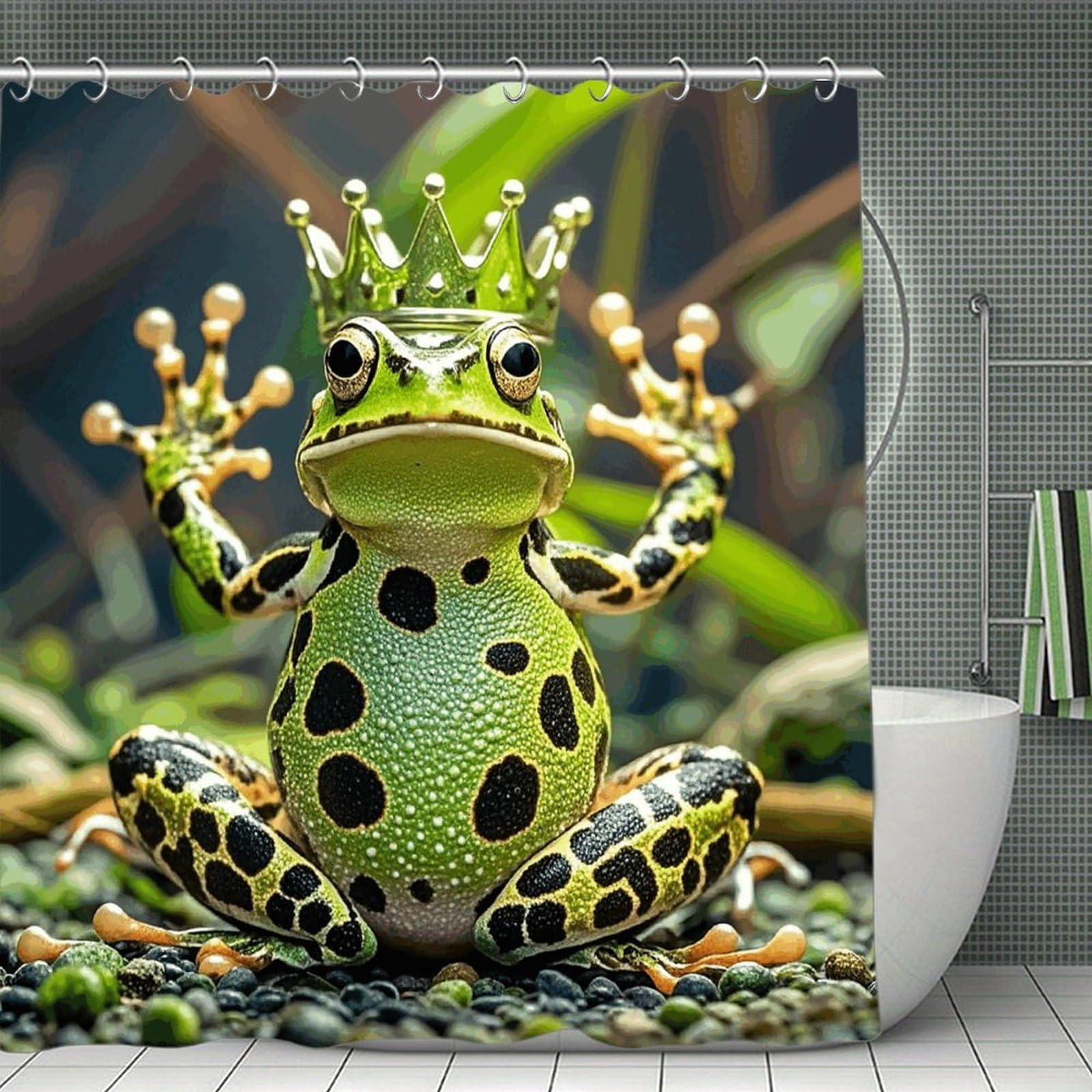 FekiLoot Crown Frog Shower Curtain Minimalist Thick Bathroom Curtain Washable Modern Bathroom Shower Curtain Heavy Duty Waterproof Cloth Bath Curtain with Hooks 70.8"x70.8"