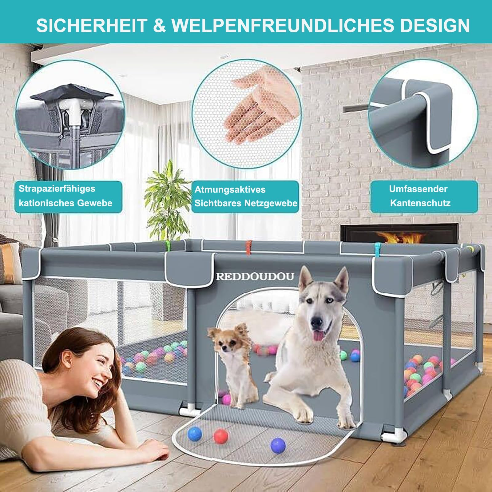 Welpenkiste für Hunde und Welpen, Welpen-Gehege mit Schienen für große, mittelgroße und kleine Haustiere, Hunde, Welpen (127,7 x 127,7 cm)