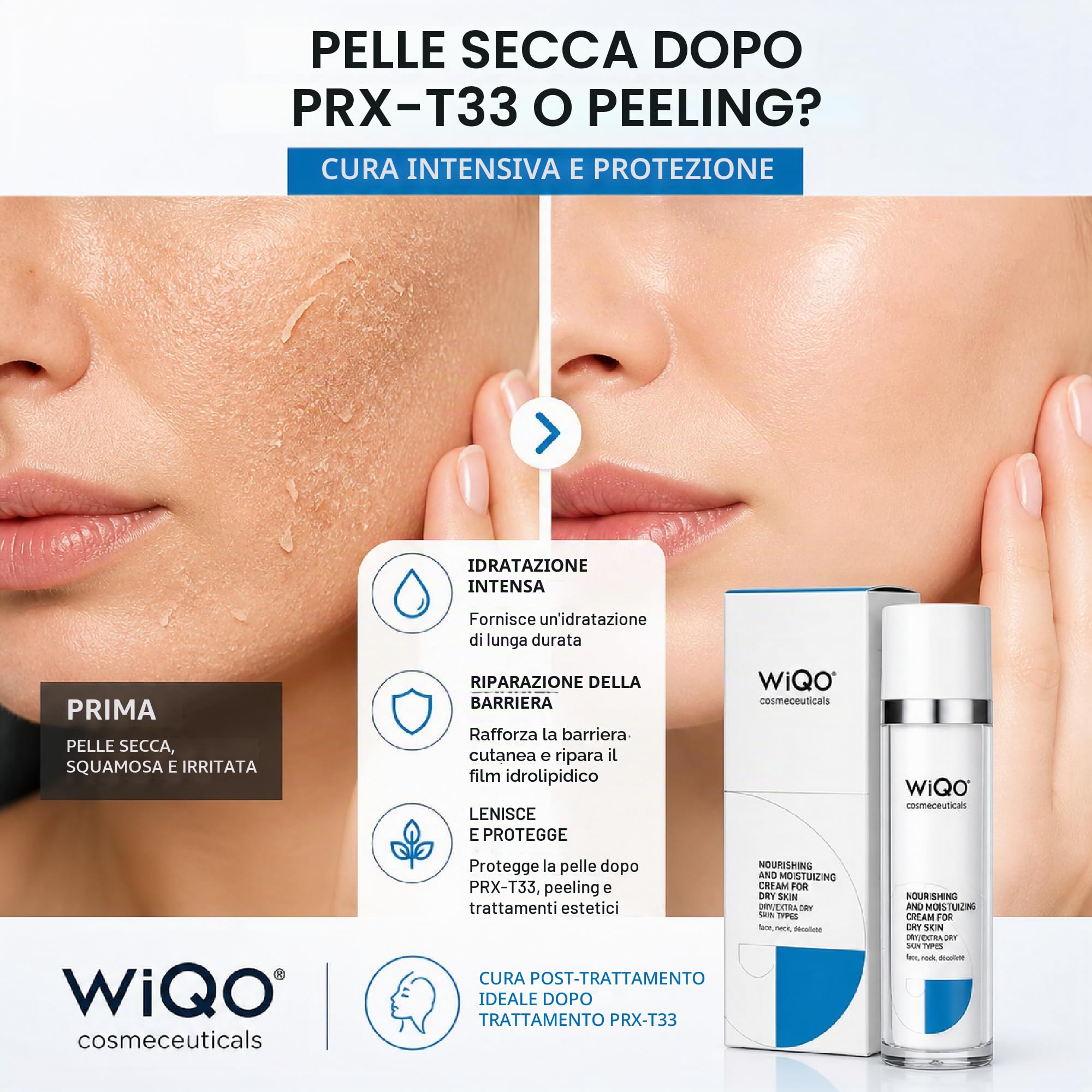 WiQo Crema idratante per il viso, 50 ml, crema idratante per pelle secca, PRX-T33, post-cura, riparazione, idratazione, viso, collo e décolleté