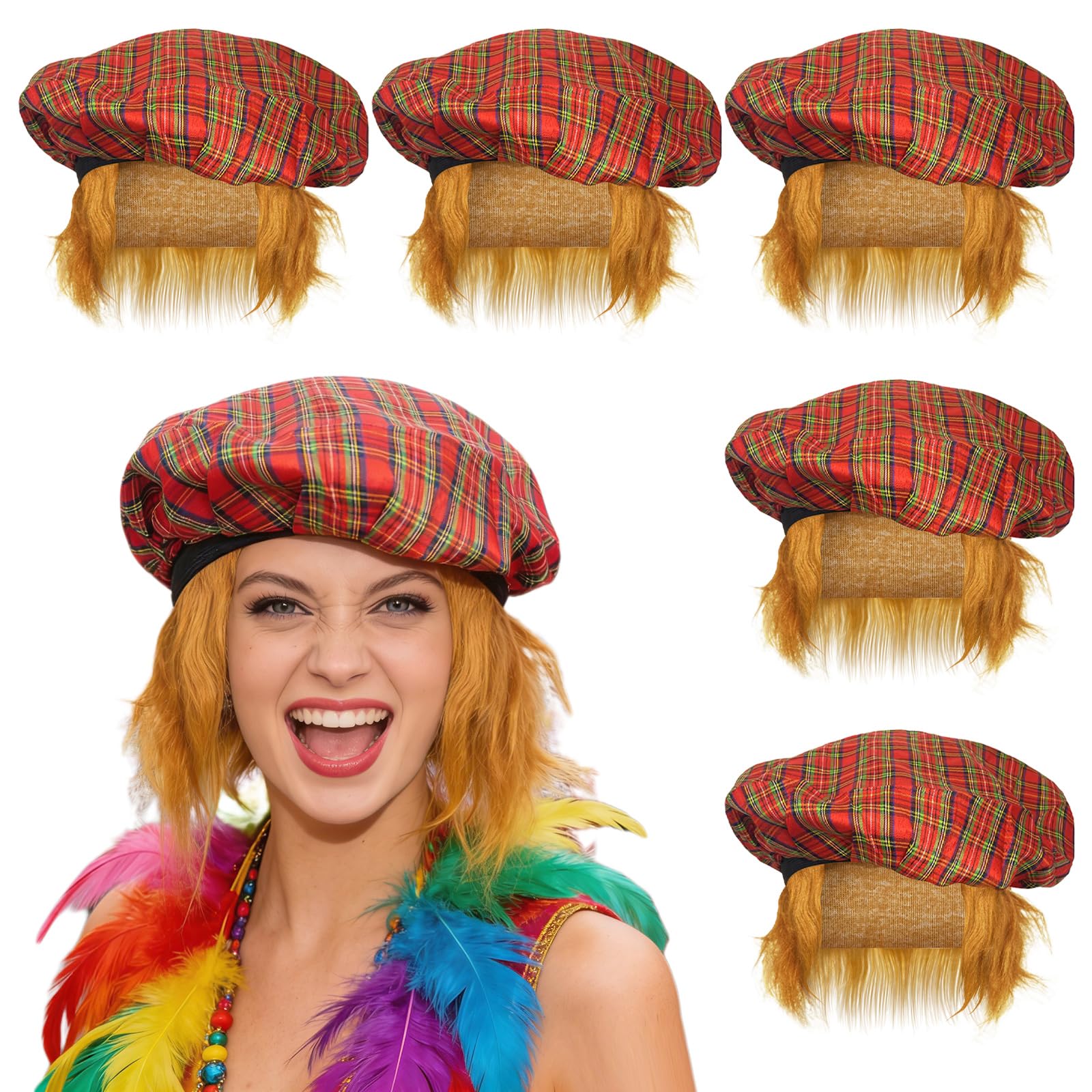 GYIOFAI 5 Pcs Scottish Tartan Hat With Ginger Hair, Tartan Beret with Elastic Band, Scot Hat With Wig, Scottish Fancy Dress, for St Andrews Day, Scotland Burns Night (Red)