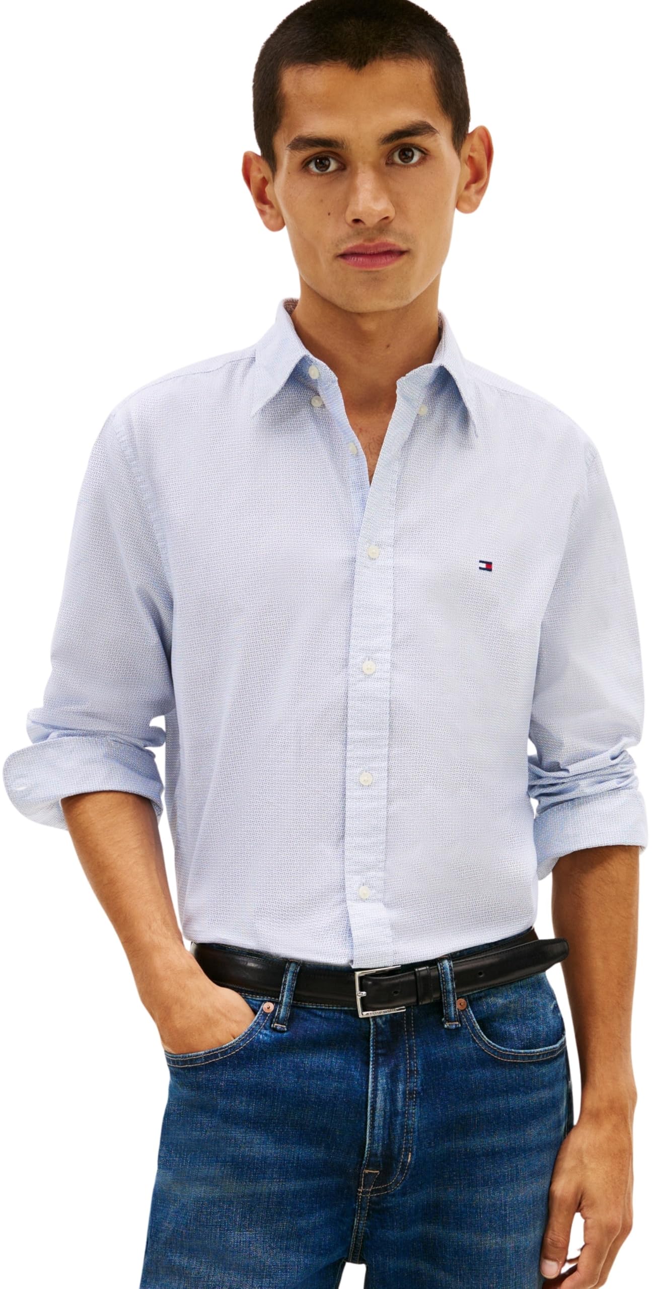 Tommy Hilfiger Men Flex POPLIN Fake Solid RF Shirt MW0MW41711 L/S Shirt, Blue, XS