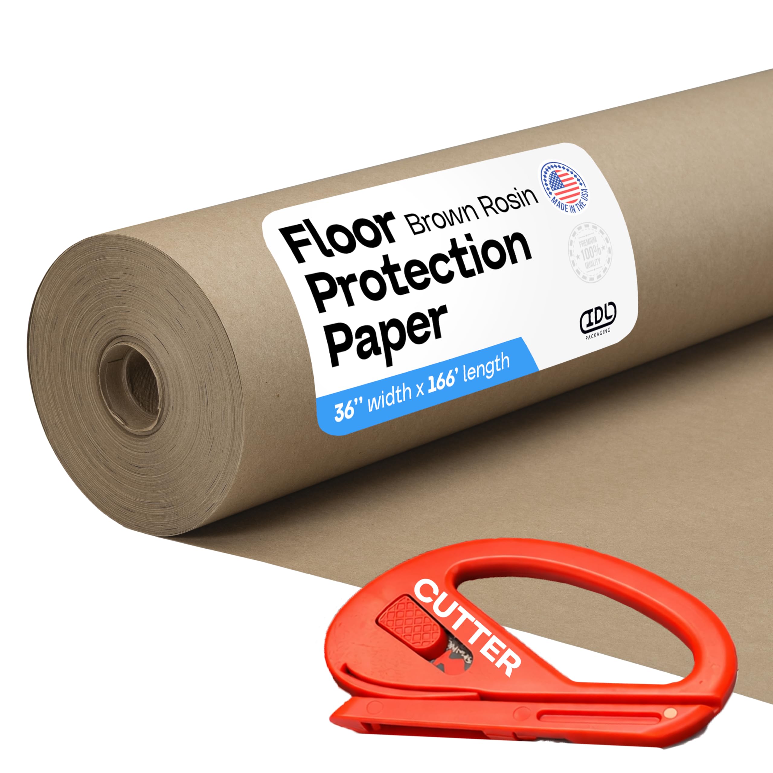 Brown Rosin Masking Paper 36" x 1992" (166 feet, 498 sq.ft.) with Cutter – Thick Floor Covering (66 lbs) - USA-Made Masking Paper for Painting and Construction, Surface Protection by IDL Packaging