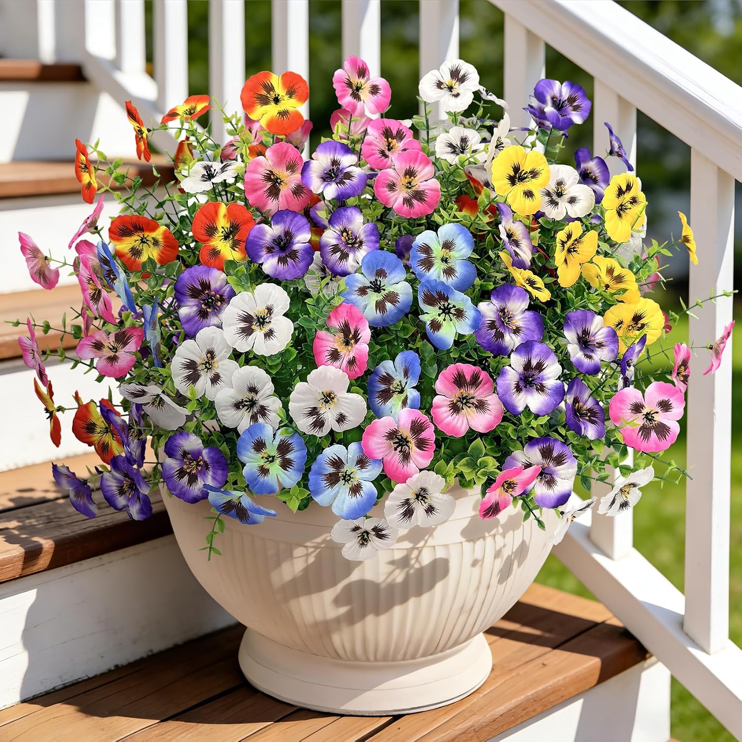 Ouddy Decor 20 Bundles Artificial Pansy Flowers for Outdoors, Fake Silk Flowers Faux Plants UV Resistant for Vase Table Balcony Planter Porch Yard Garden Indoor Outdoor Home Decor, Purple Yellow White