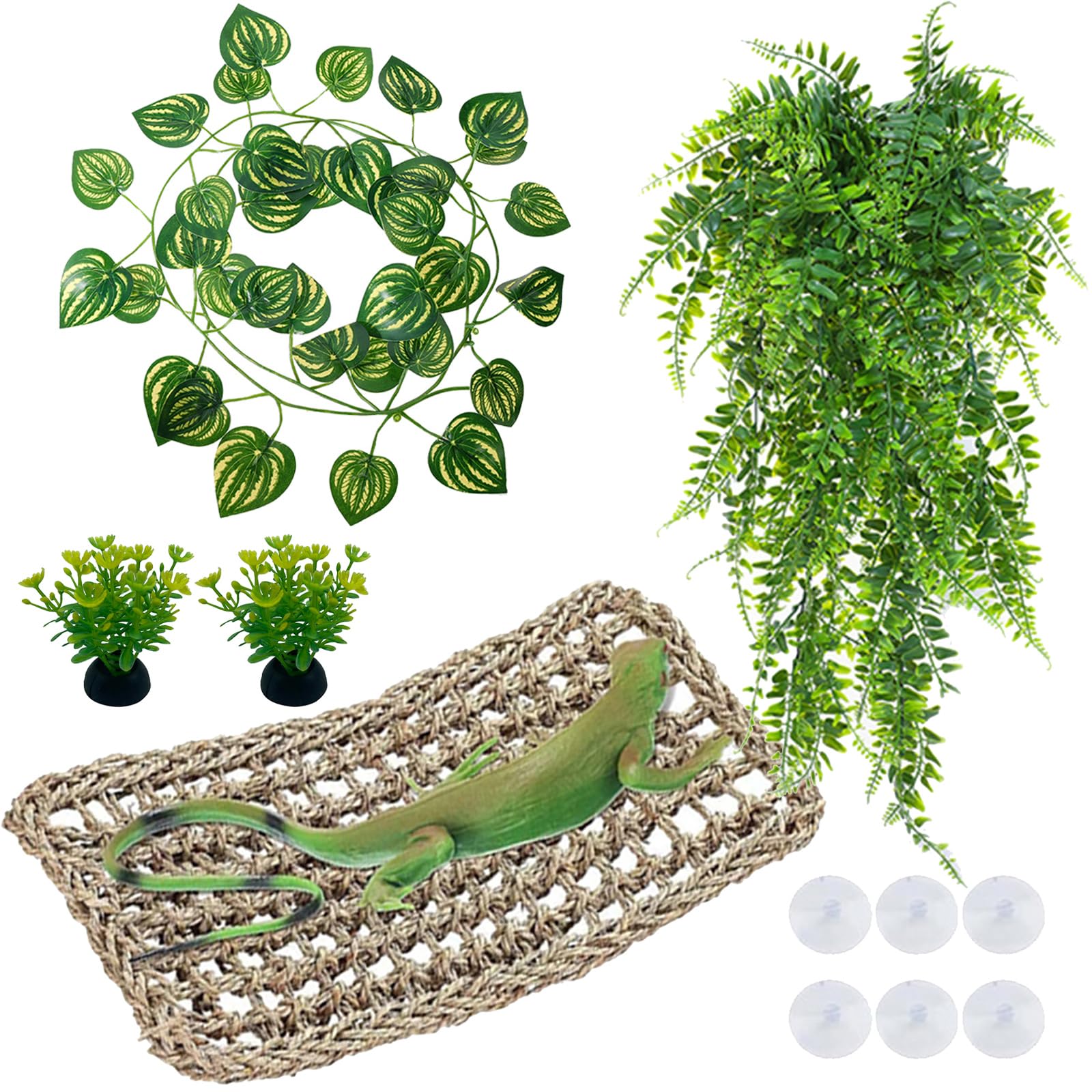 Hamac gecko avec réservoir de reptiles à suspendre pour terrarium - Feuilles artificielles pour lézards caméléons