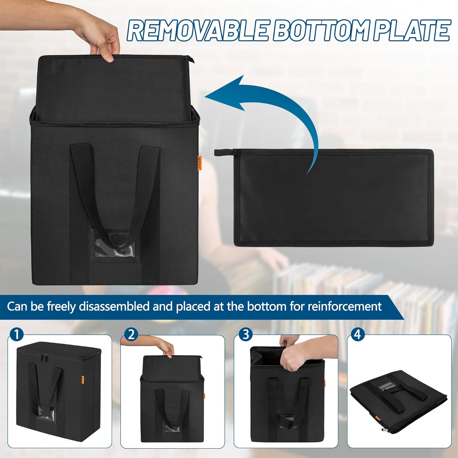 Vinyl Record Storage Box with Lids and Handle Vinyl Album Storage Case Bag for 7/10/12 inch LP, Collapsible Crate Holds up 60+ Single Record (Black) - Image 8