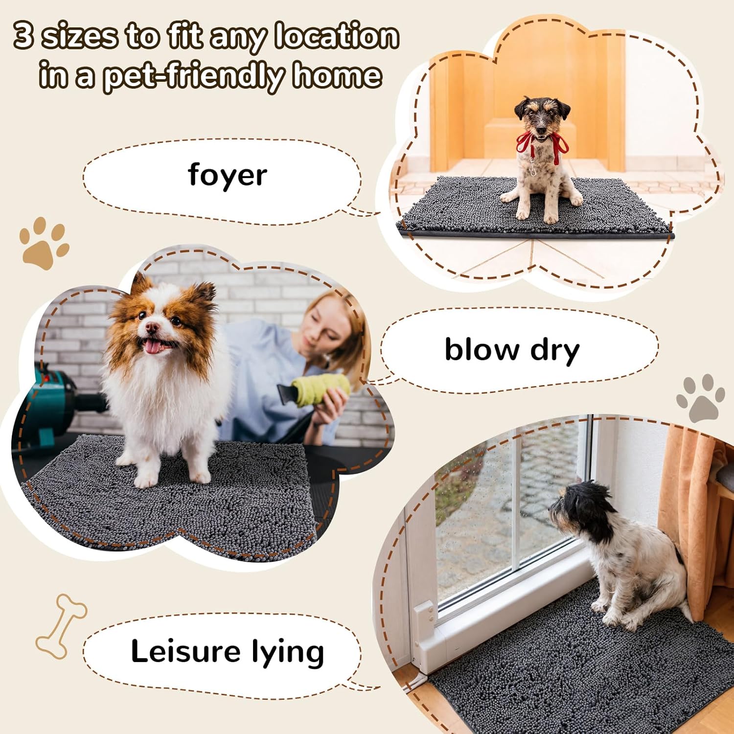 Pack of 3 Mud Mats for Dogs Mud Paws Absorbent Microfiber Dog Rugs Doormats, 18x28, 19x30, 24x36, 3 Sized Non-Slip Washable Pet Rug Quick Dry Chenille Entryway Carpet Indoor Outdoor Grey Mats - Image 6