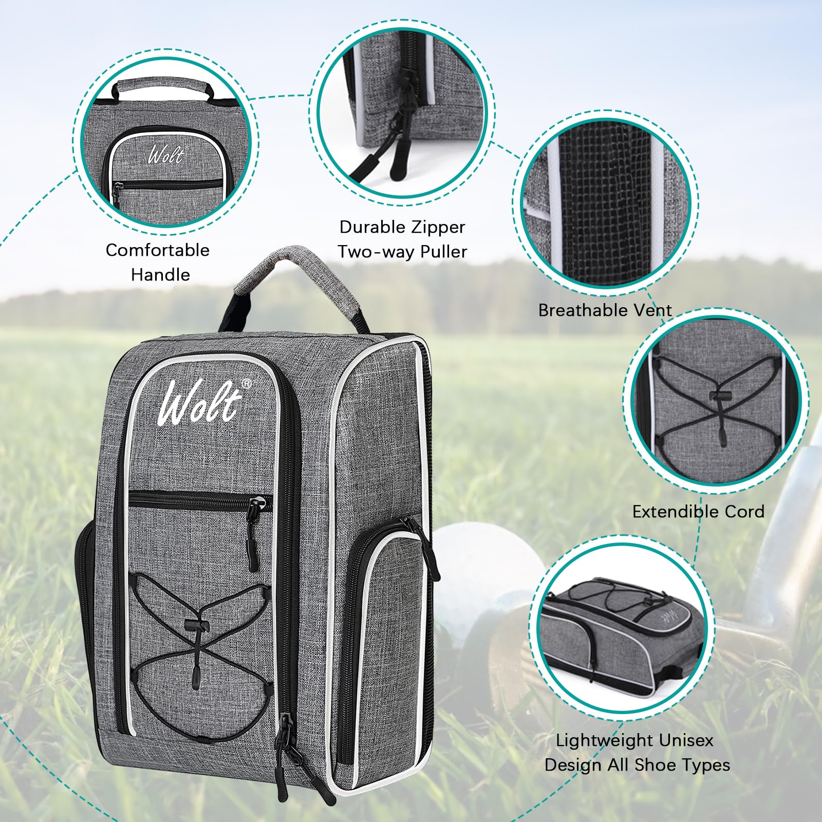 Wolt Golf-Schuhtasche – Sport- und Reise-Schuh-Tragetaschen mit Belüftung und doppelter Außentasche für Zubehör für Damen und Herren, 2 Stück, schwarz + grau, Sportschuhtasche